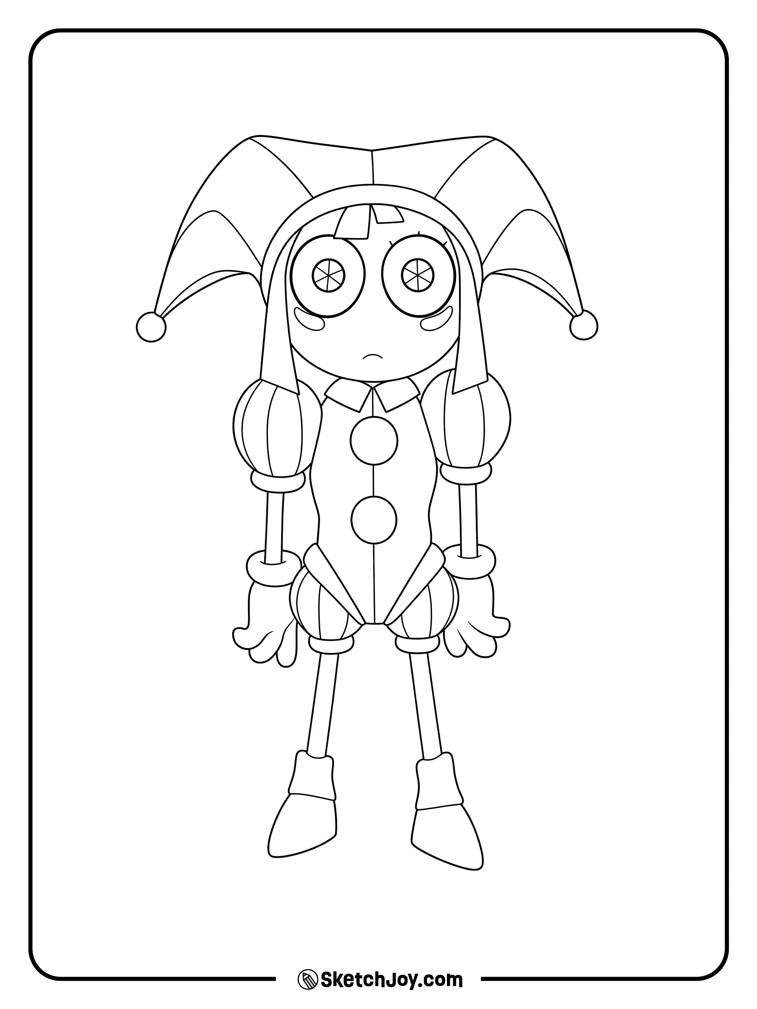 Pomni stands still with a worried face in her jester outfit.