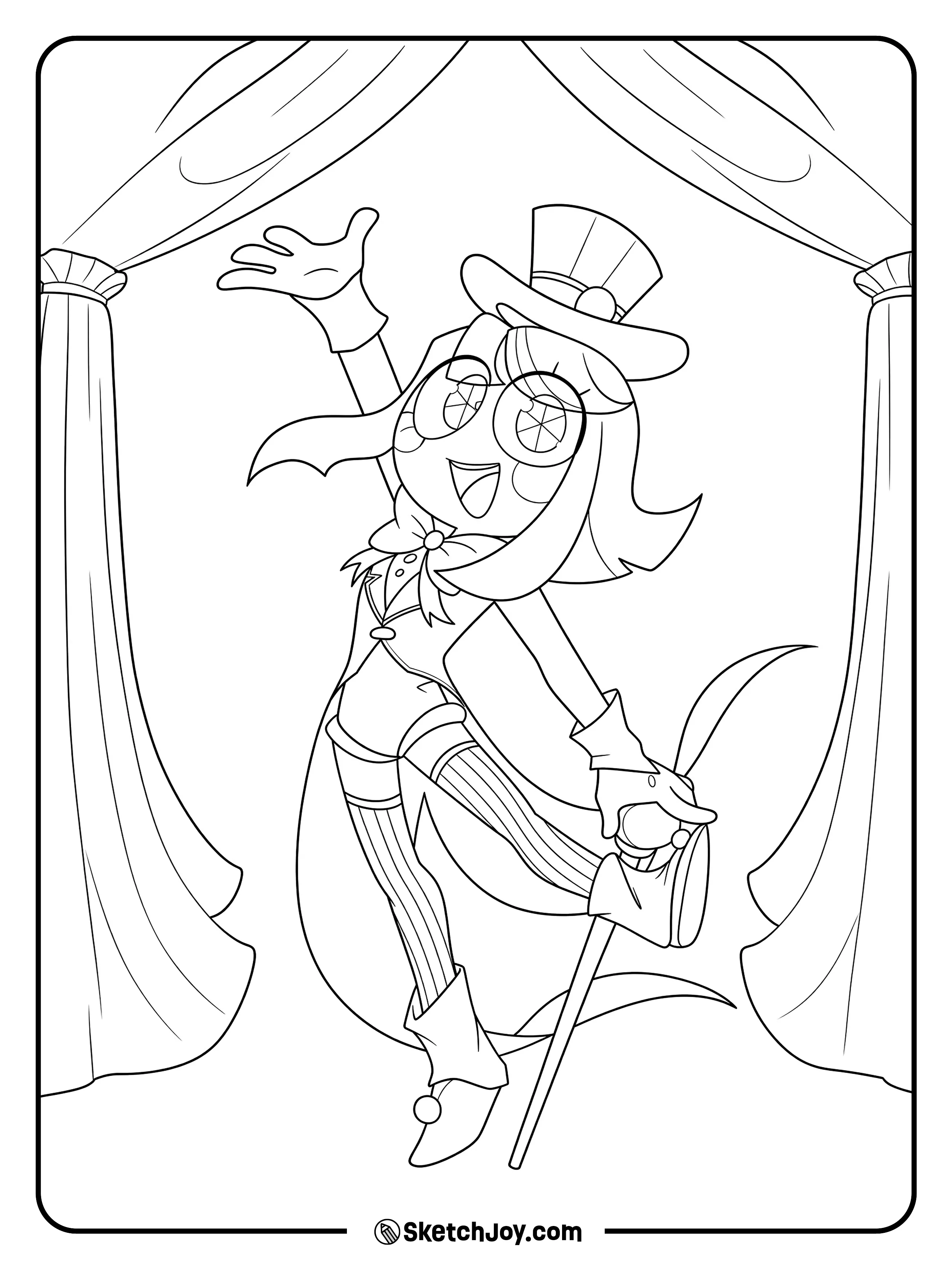 Pomni smiles in a top hat while posing with a cane between the curtains.