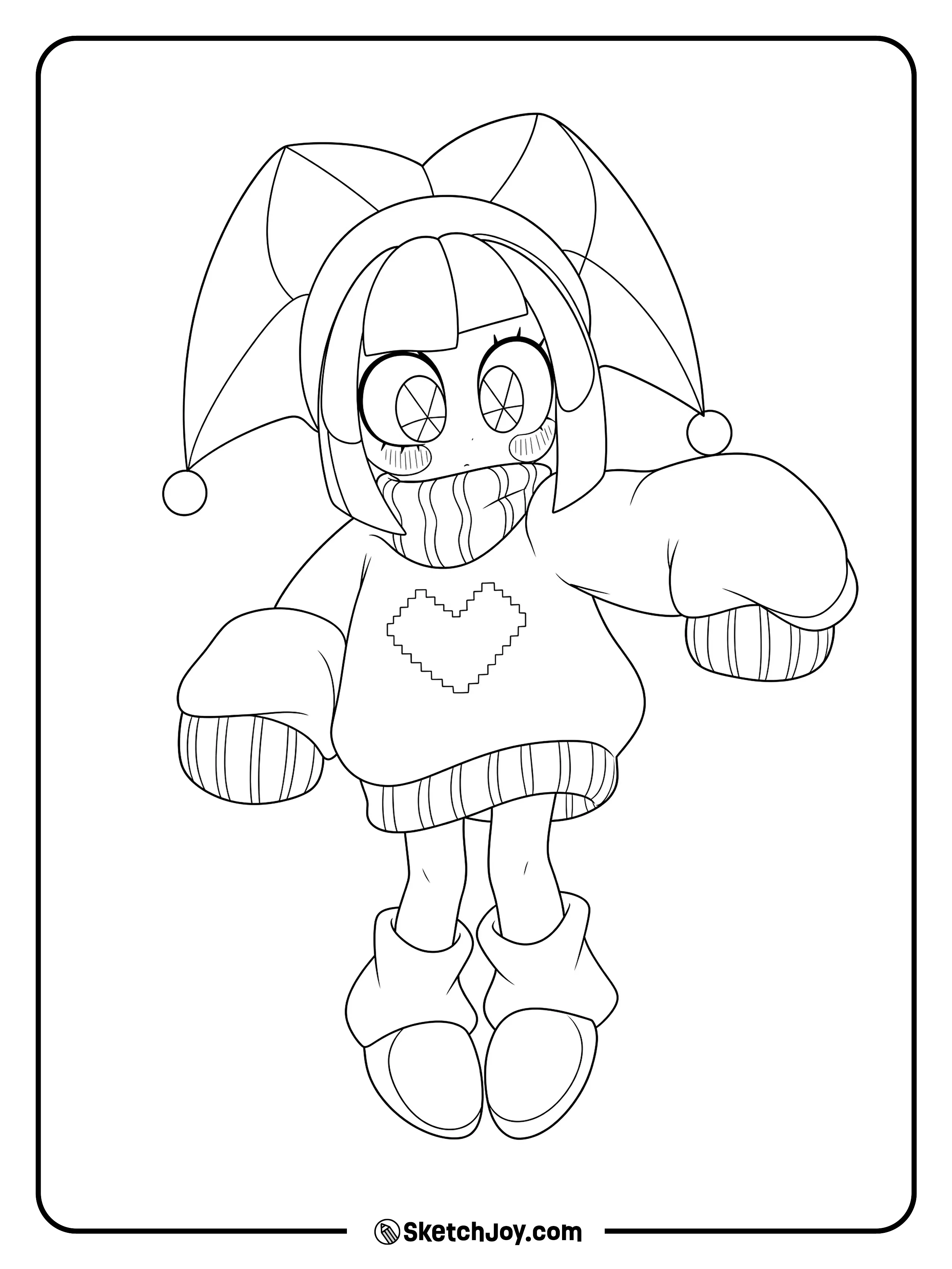 Pomni wears a warm sweater and scarf with a pixel heart on the front.