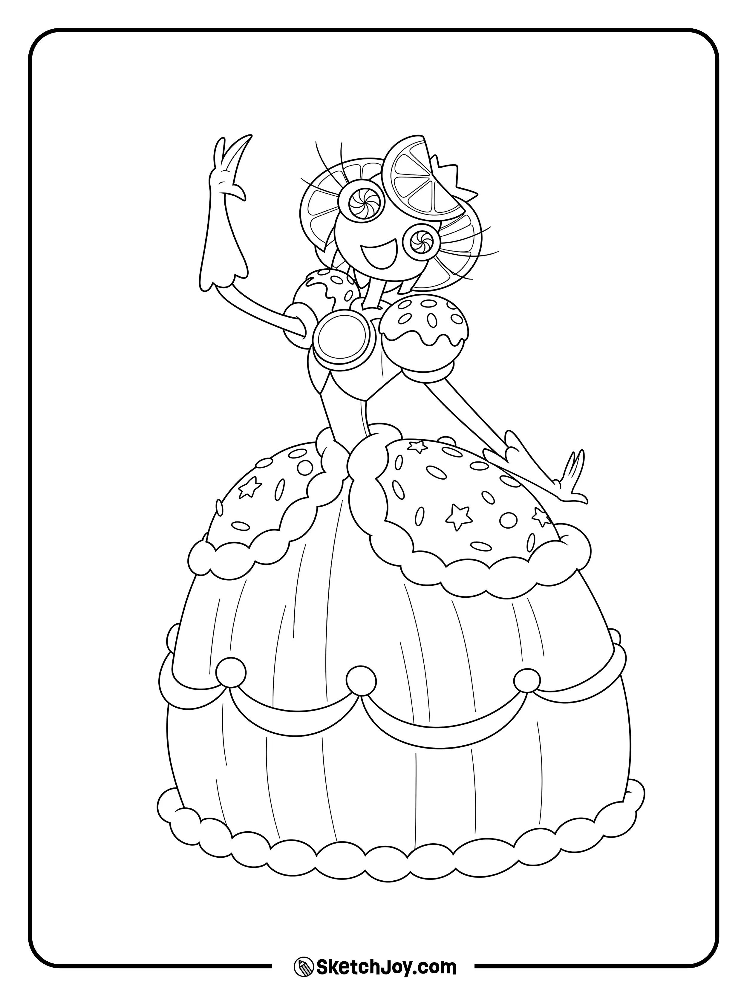 Princess Loolilalu waves while wearing a large dress covered with sweet treats.