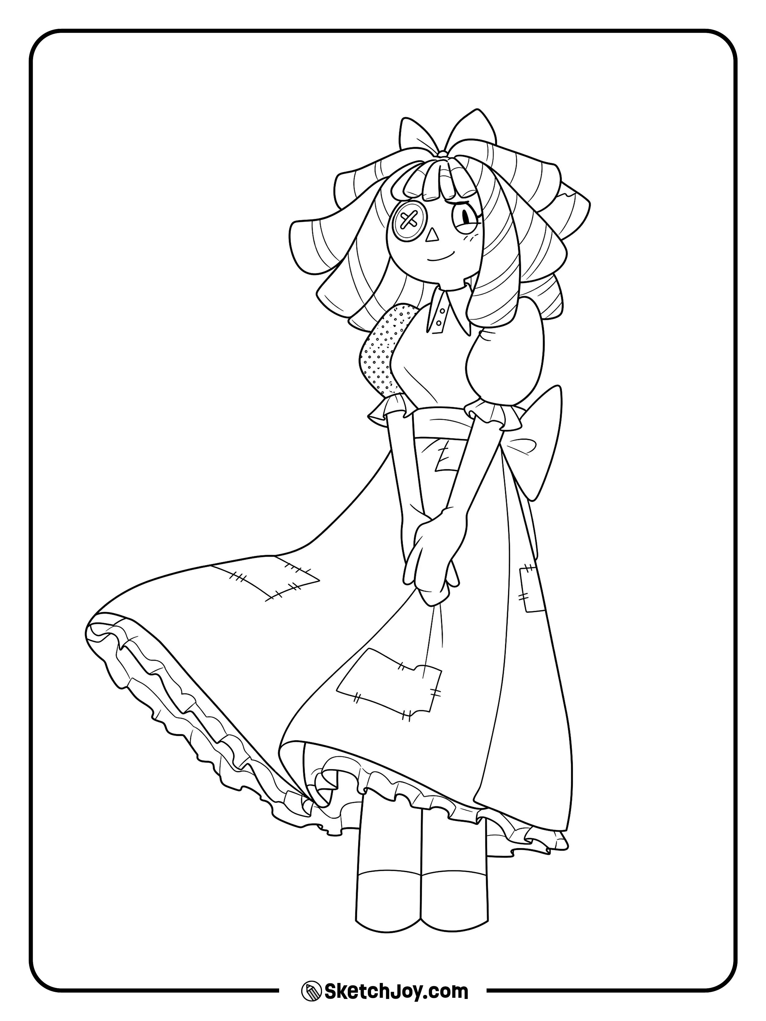 Ragatha smiles softly while wearing a long dress covered with sewn patches.