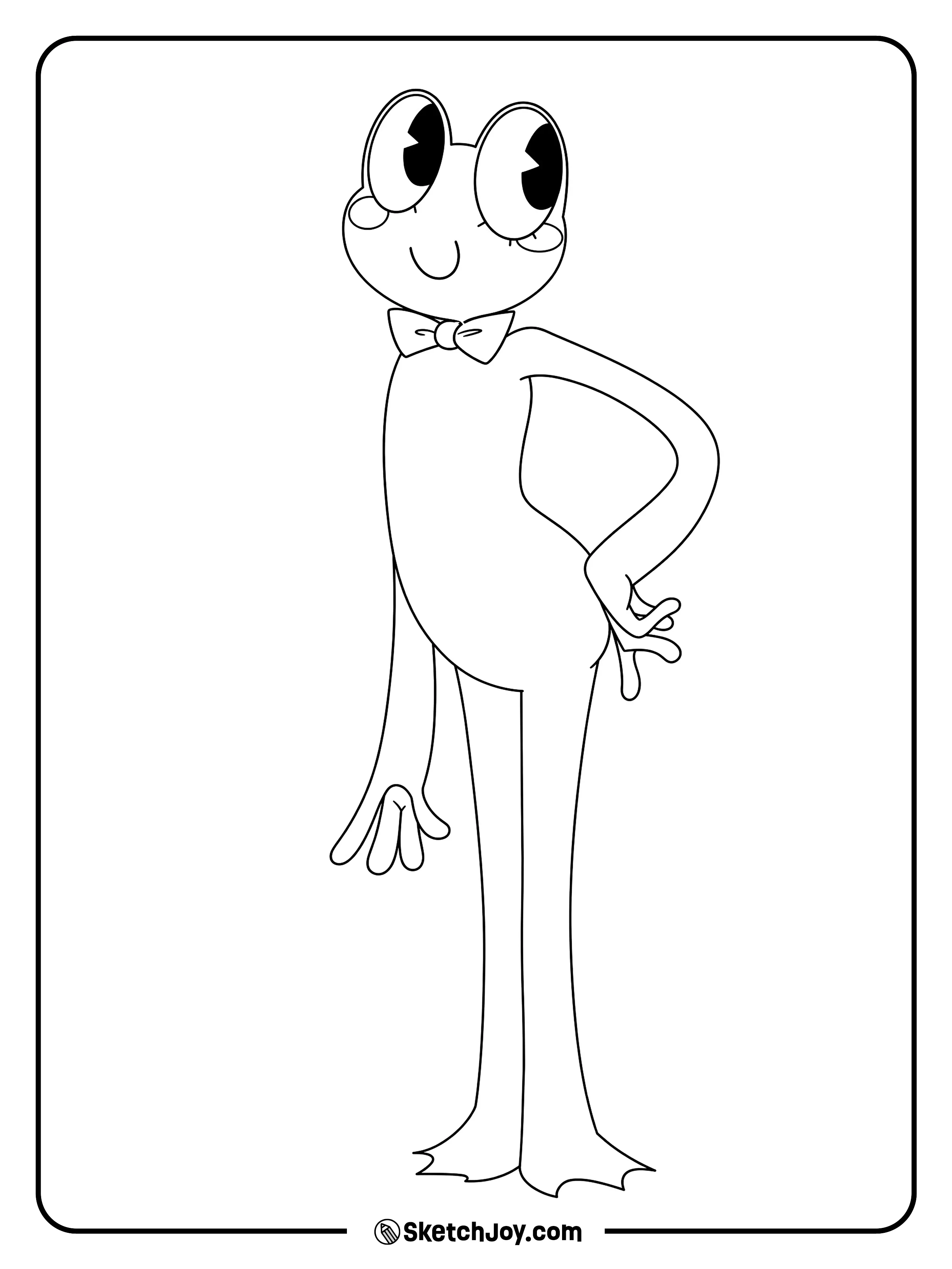Ribbit stands tall with a bow tie and a calm smile.
