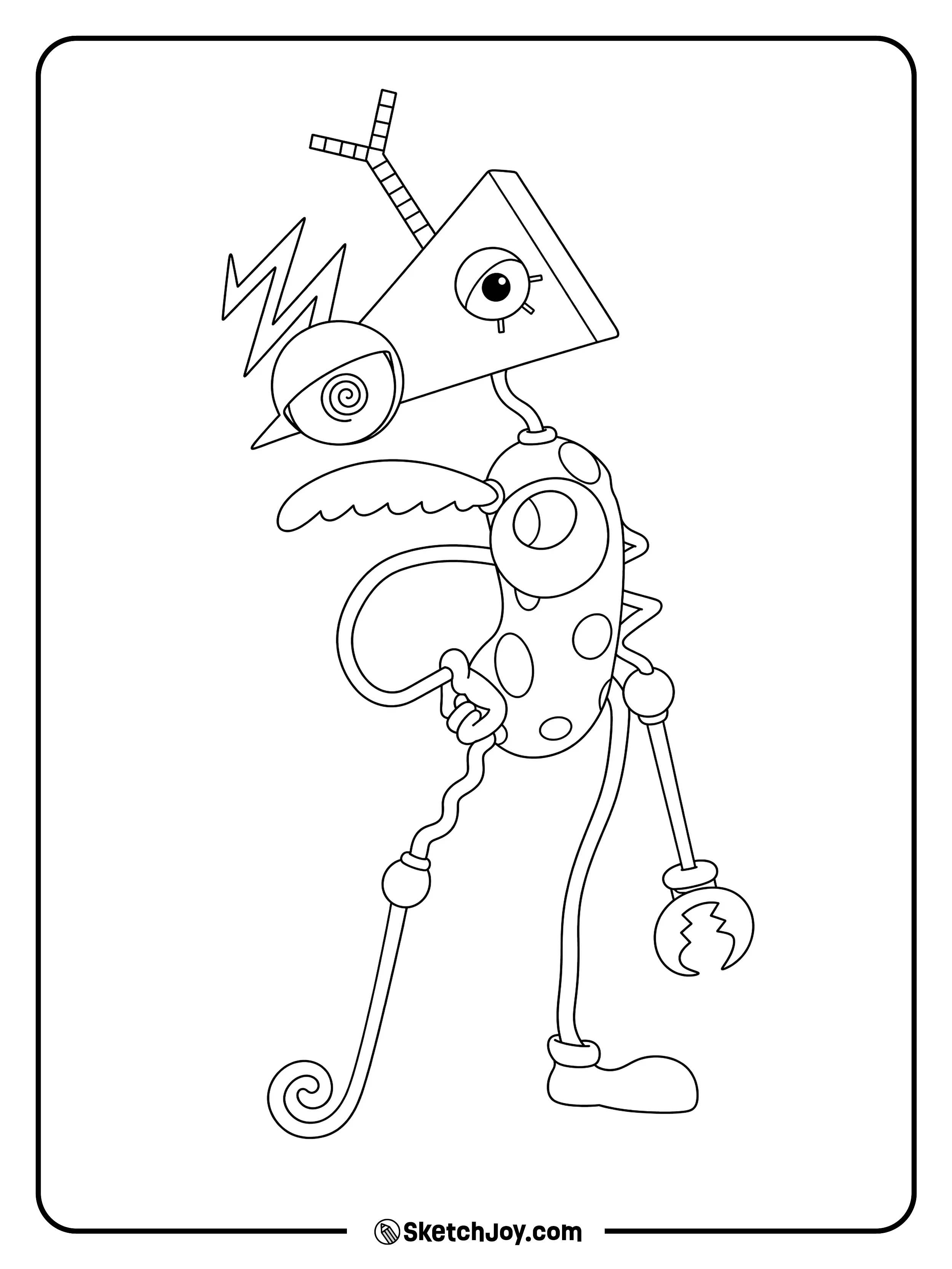 Zooble stands with mismatched limbs and a spiral eye.