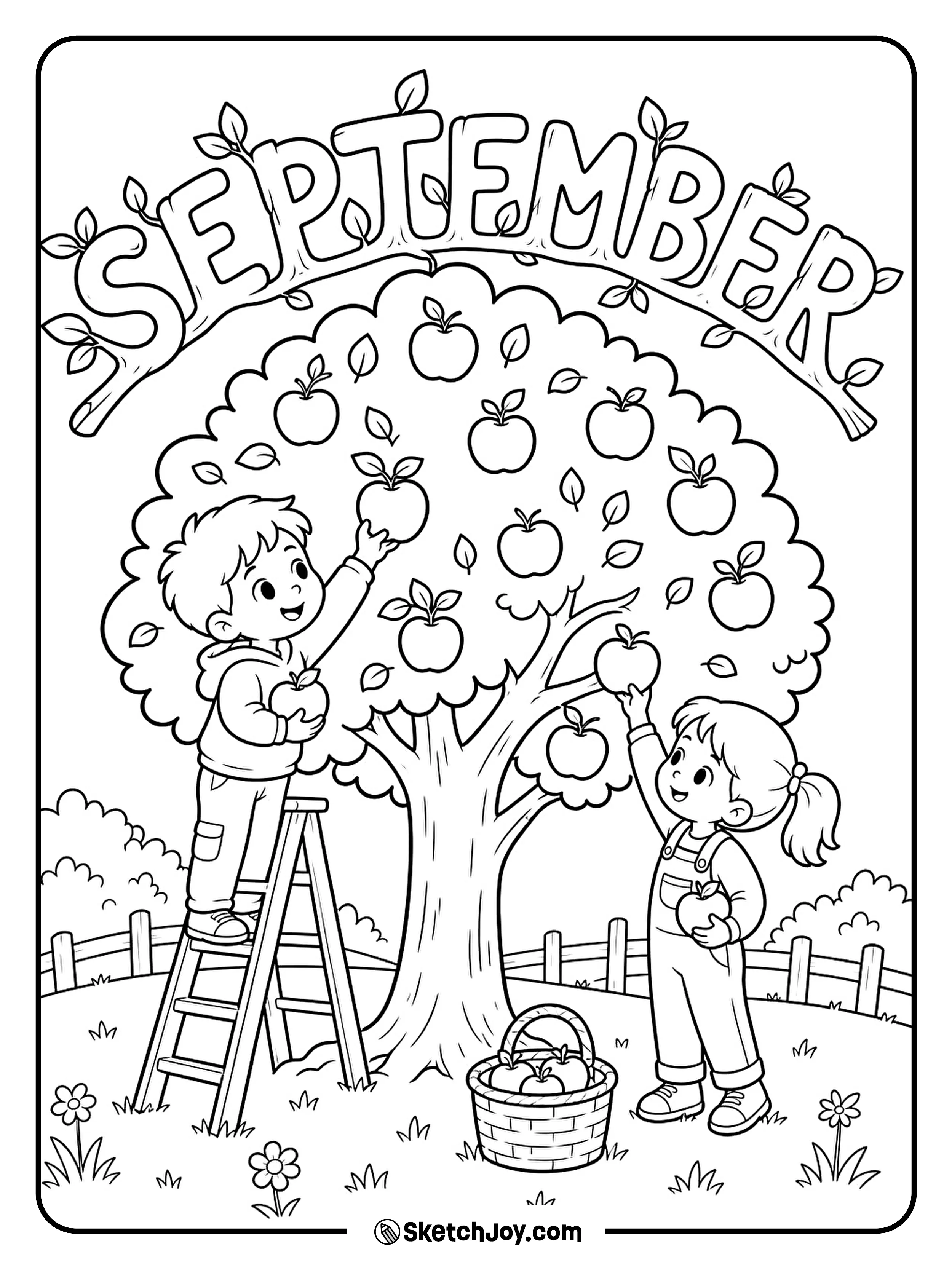 Two kids pick apples from a small orchard as fall starts to arrive.