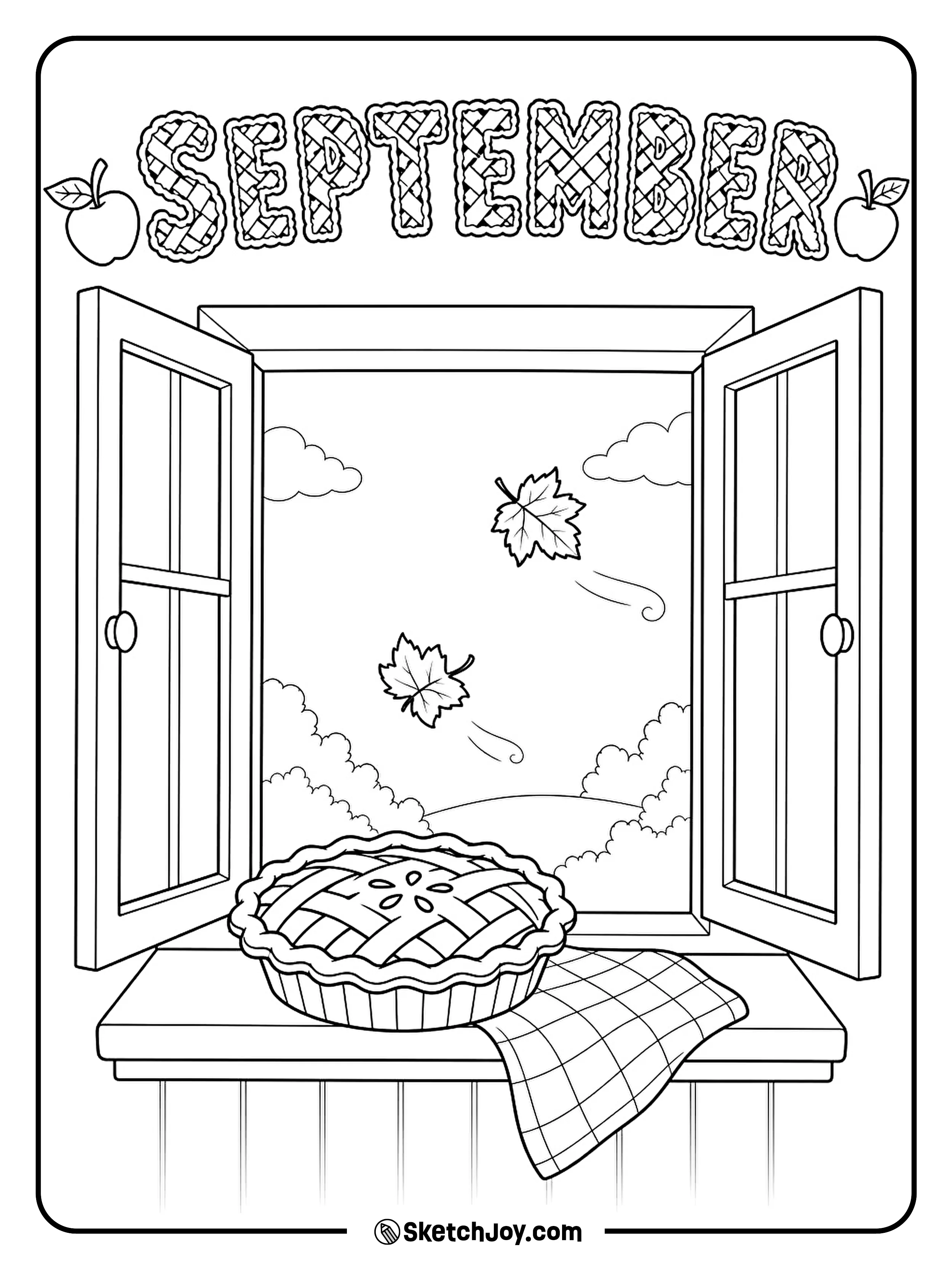 A fresh apple pie cools by a window while leaves drift outside.