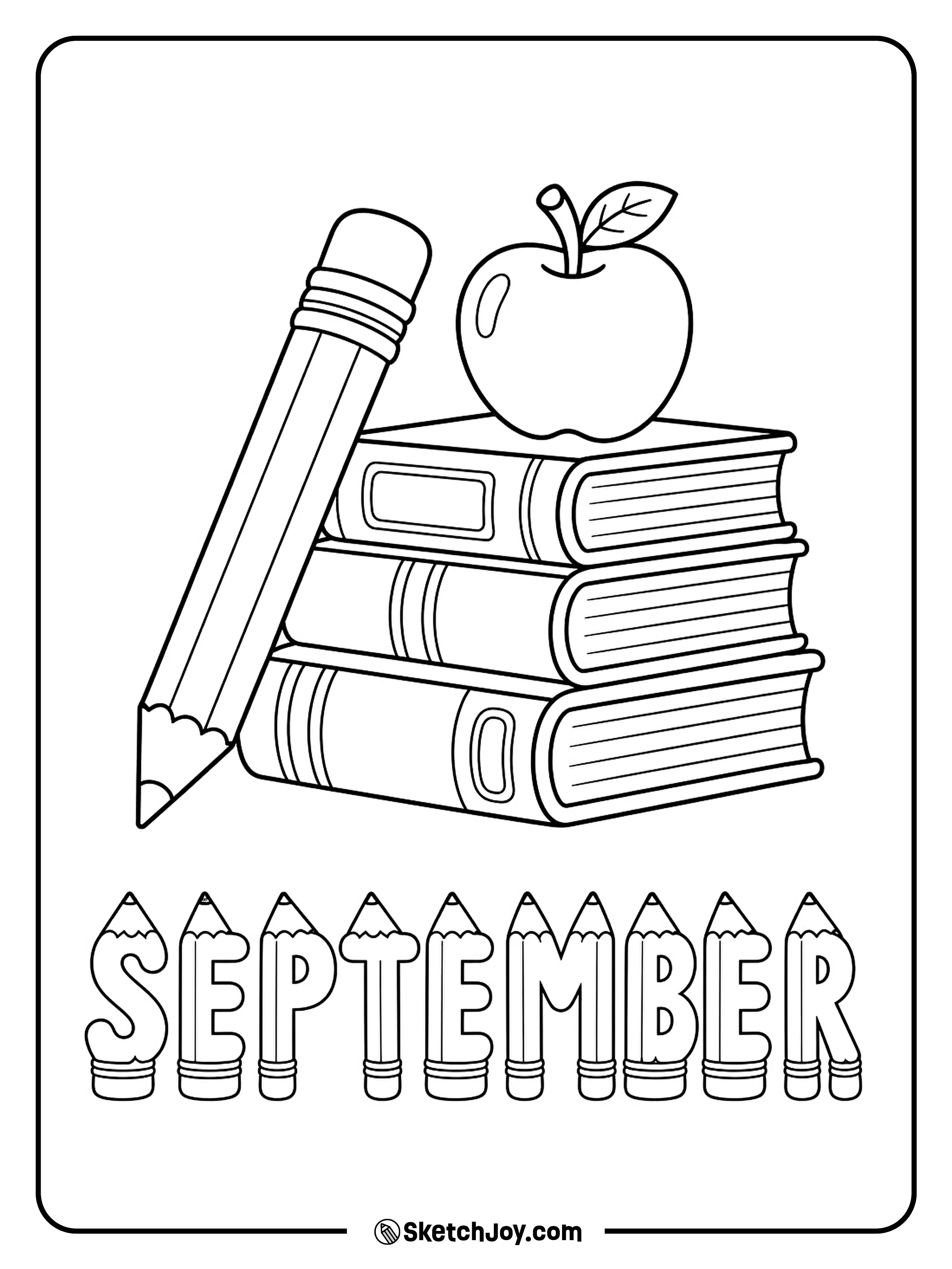 A stack of school books and a large pencil sit under fun September text.