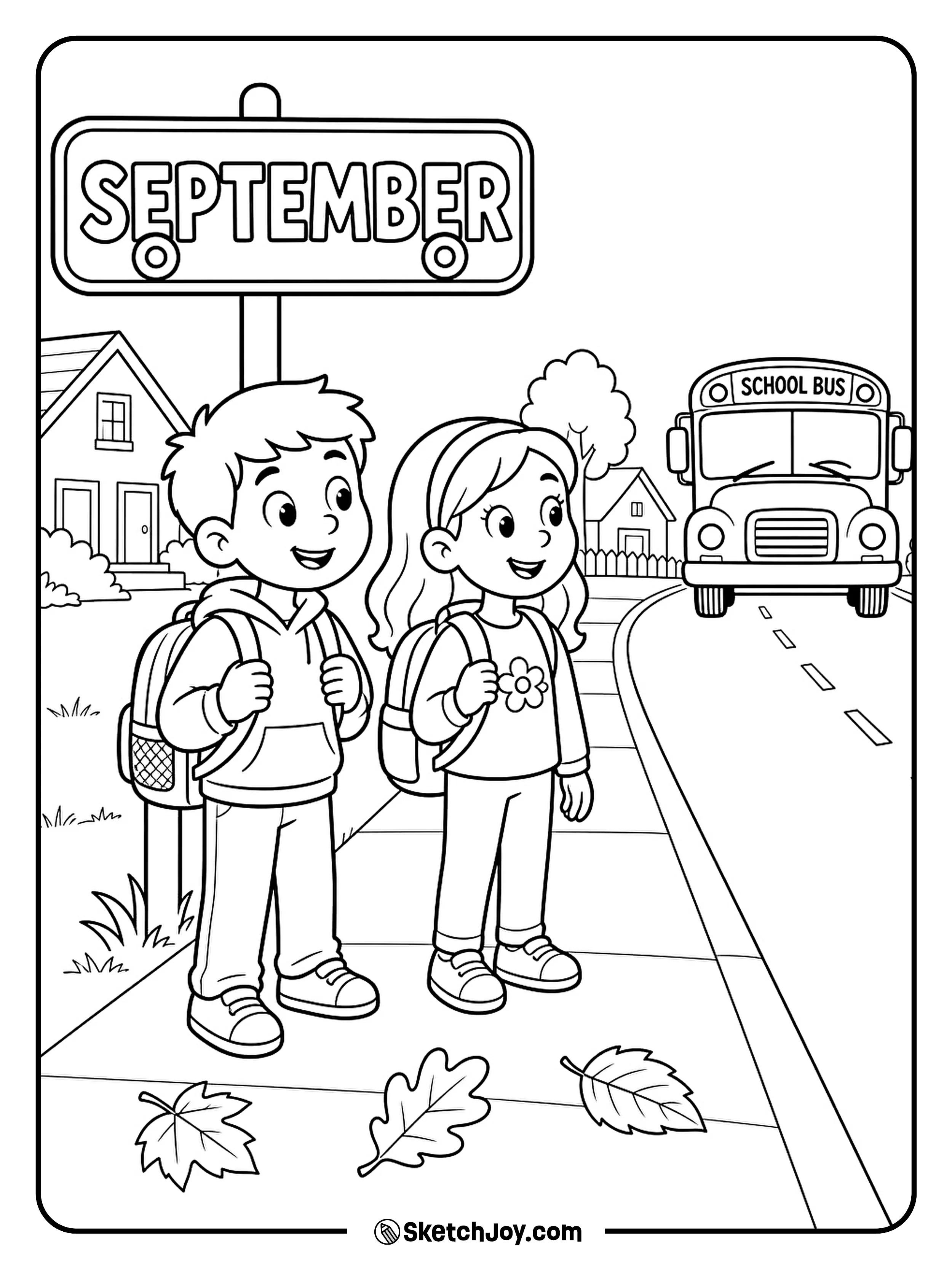 Two students wait at a bus stop with backpacks on a cool morning.