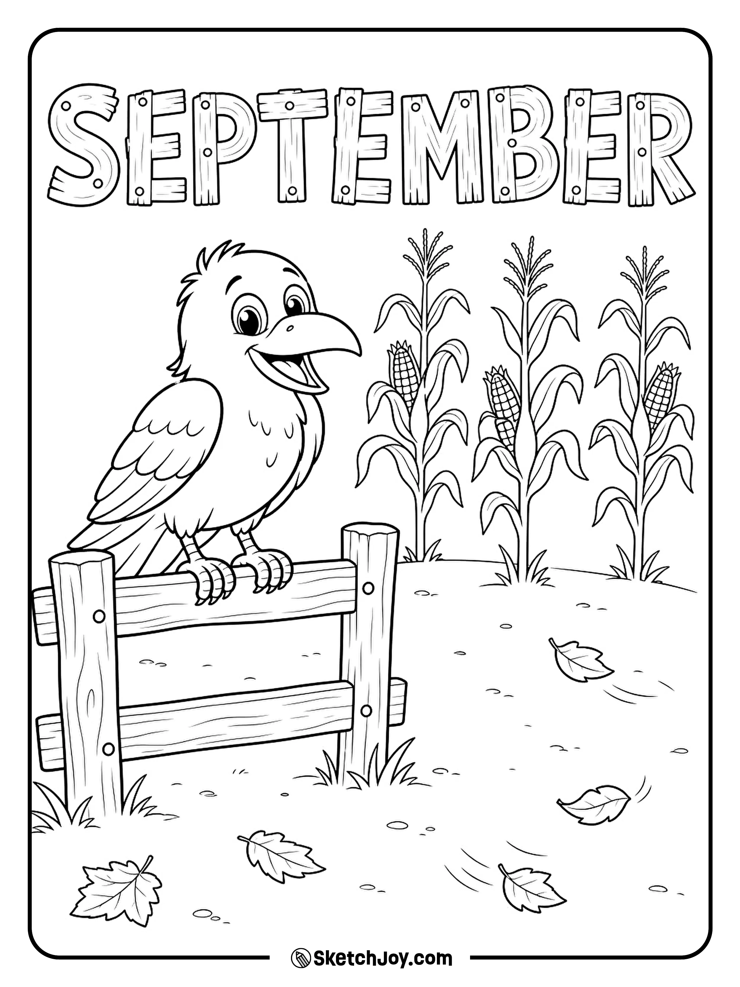 A calm crow sits on a fence beside a few rows of corn.