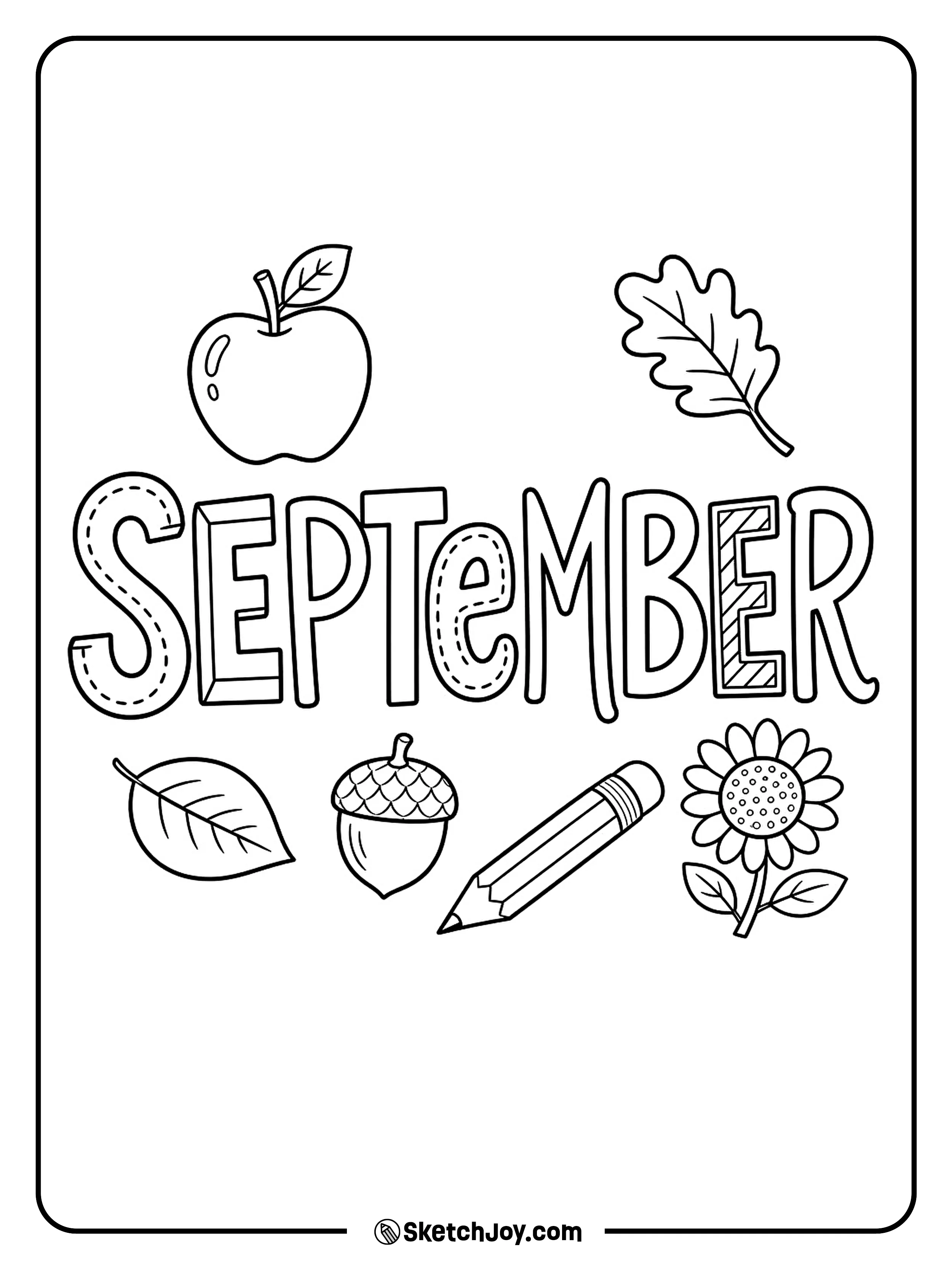 Apples, leaves, an acorn, and a pencil surround playful September text.