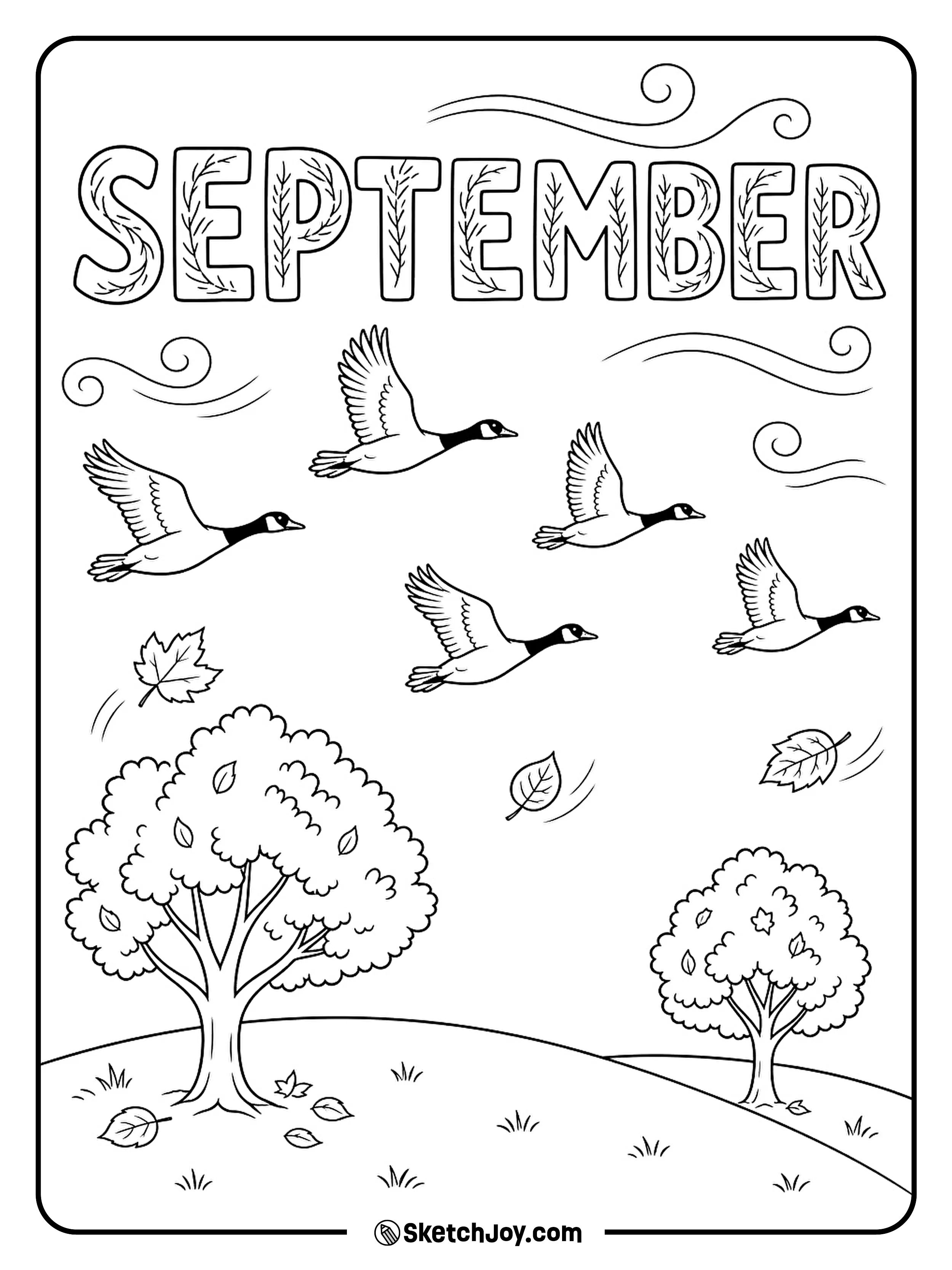 A small group of geese flies over a quiet field as September winds arrive.