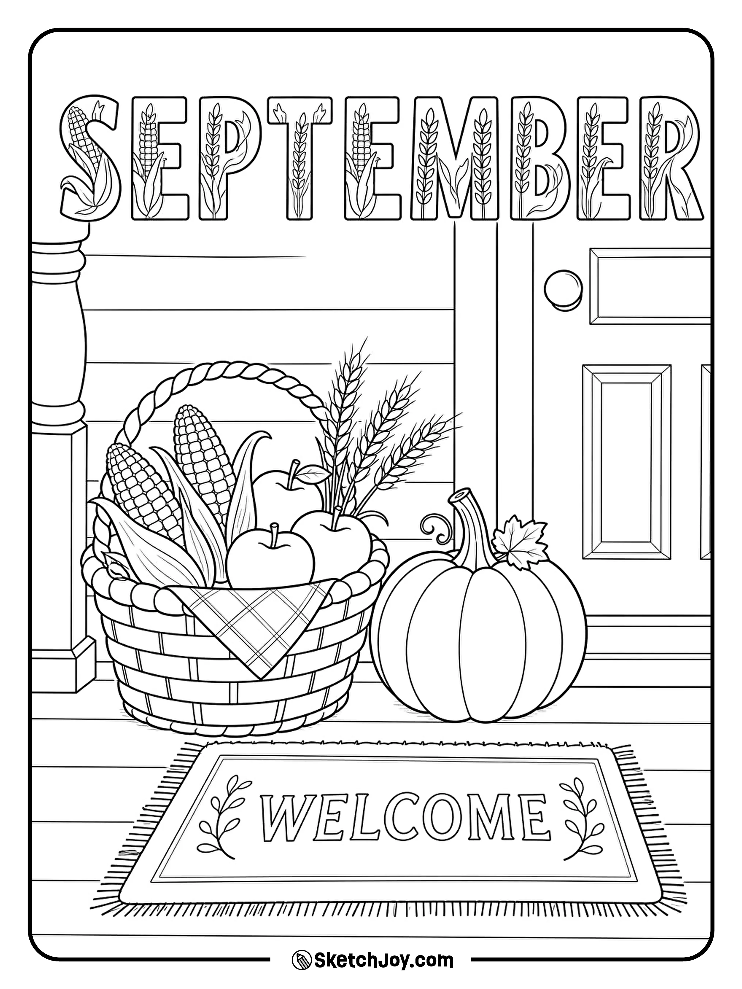 A porch holds a harvest basket with corn, apples, and wheat.
