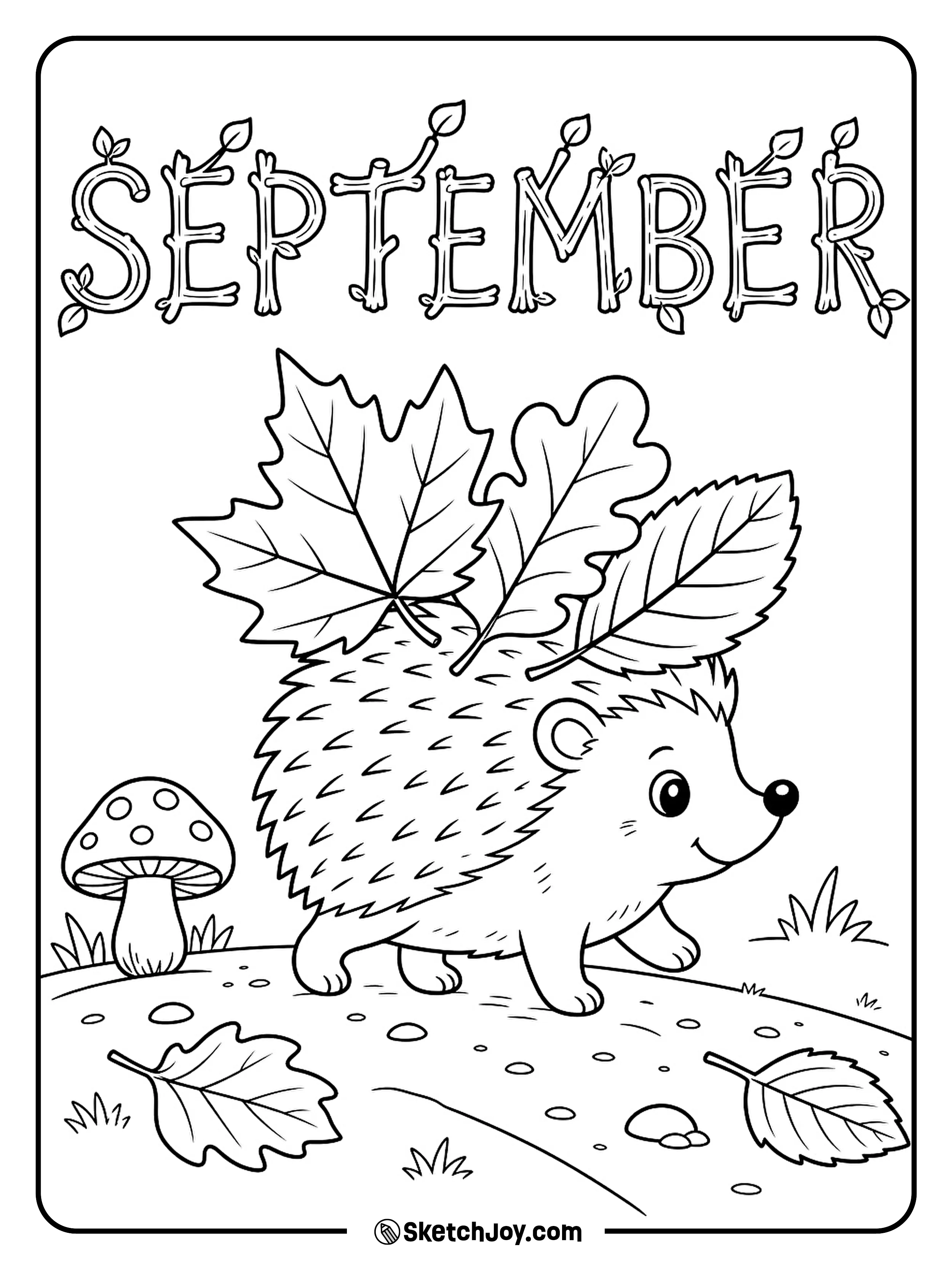 A little hedgehog carries a bundle of leaves through a quiet fall path.