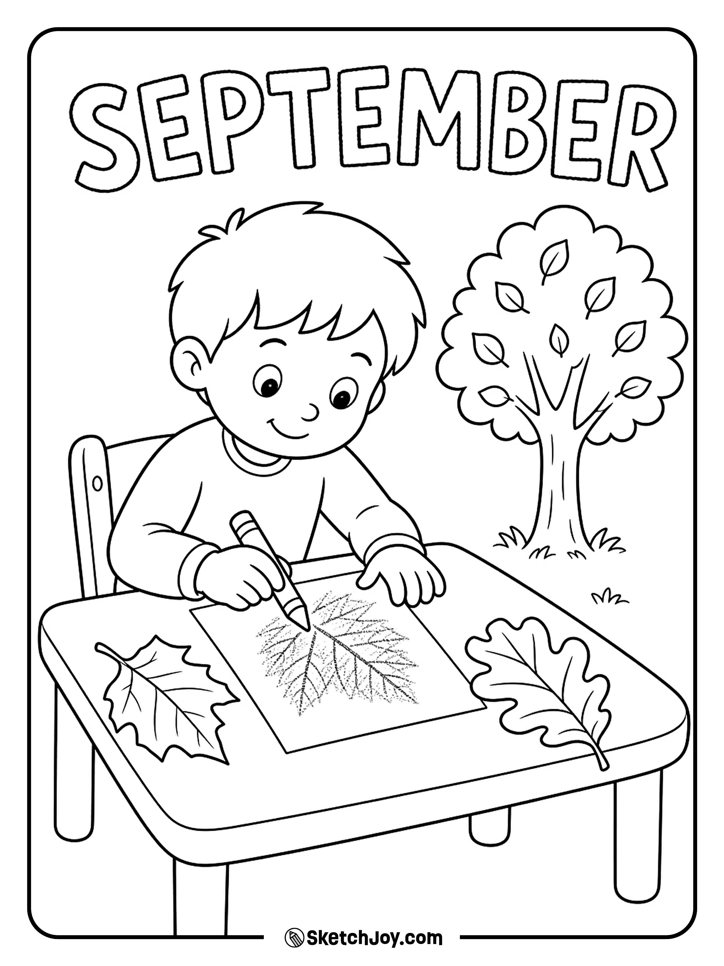 A child makes a leaf rubbing at a small outdoor table.