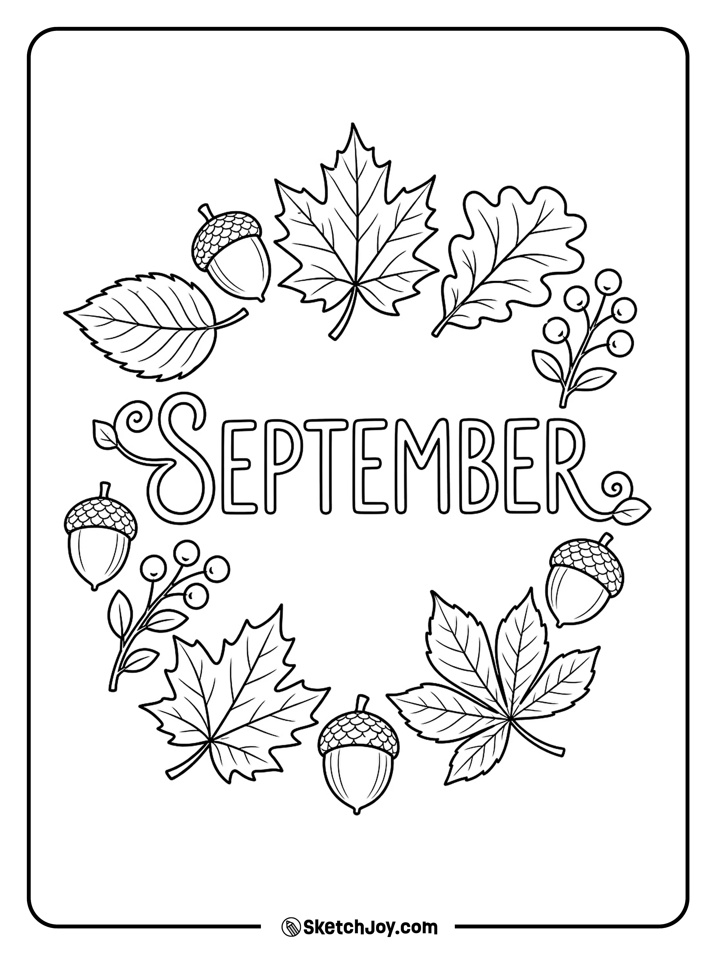 A ring of leaves and acorns surrounds bold September lettering.