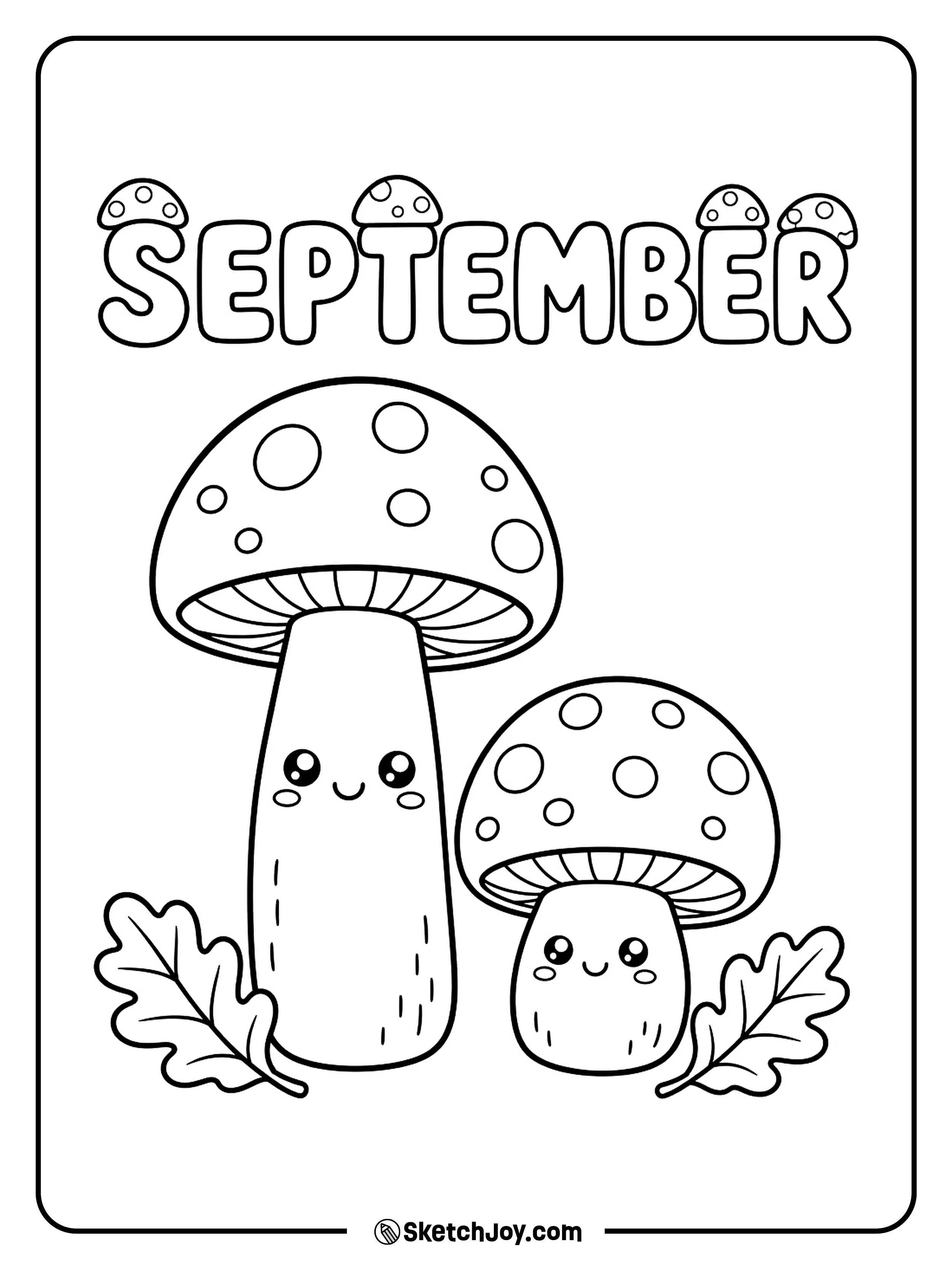 Two cute mushrooms sit below playful September letters.