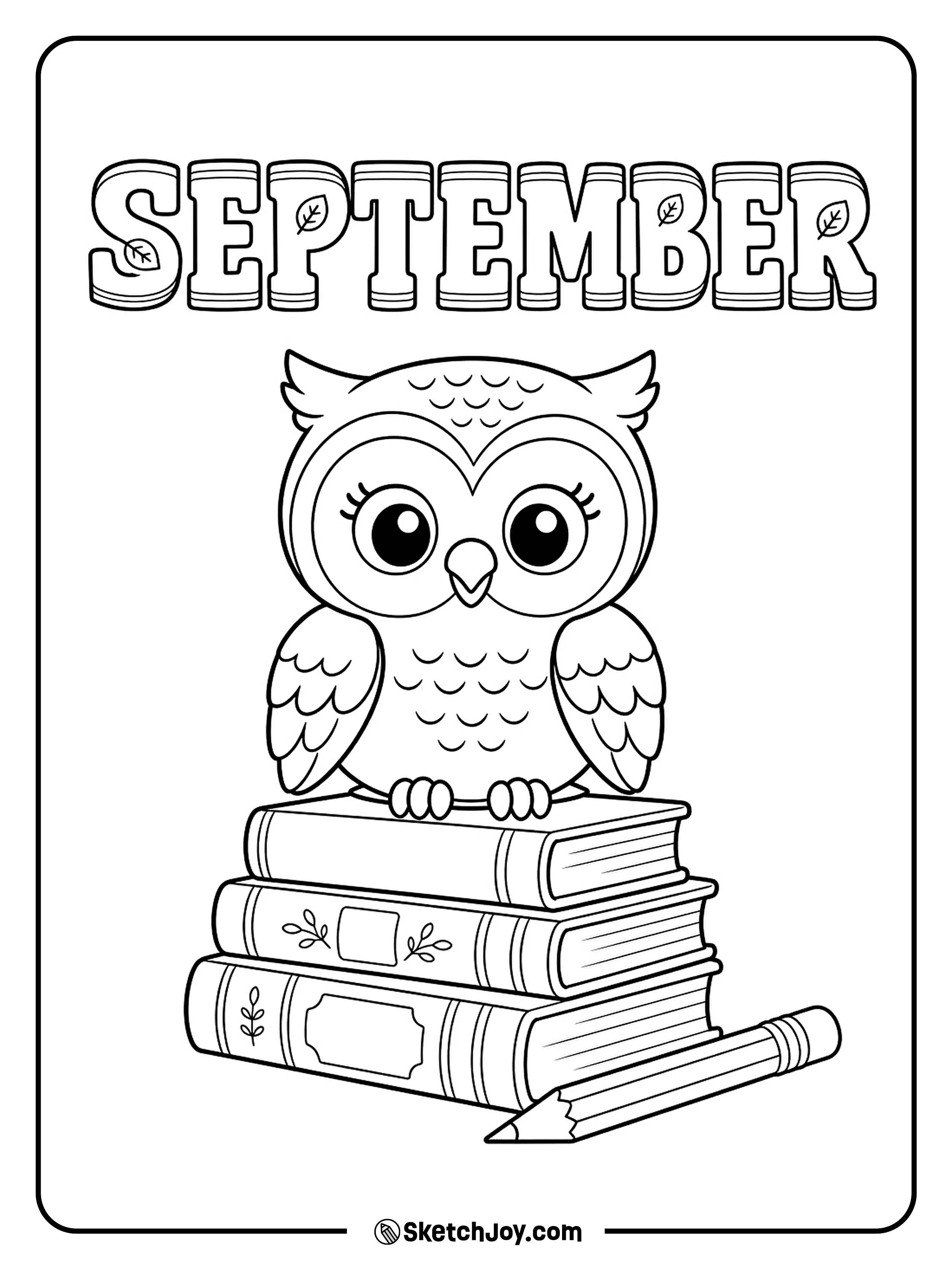 A wise little owl sits on a stack of books beneath bold September text.