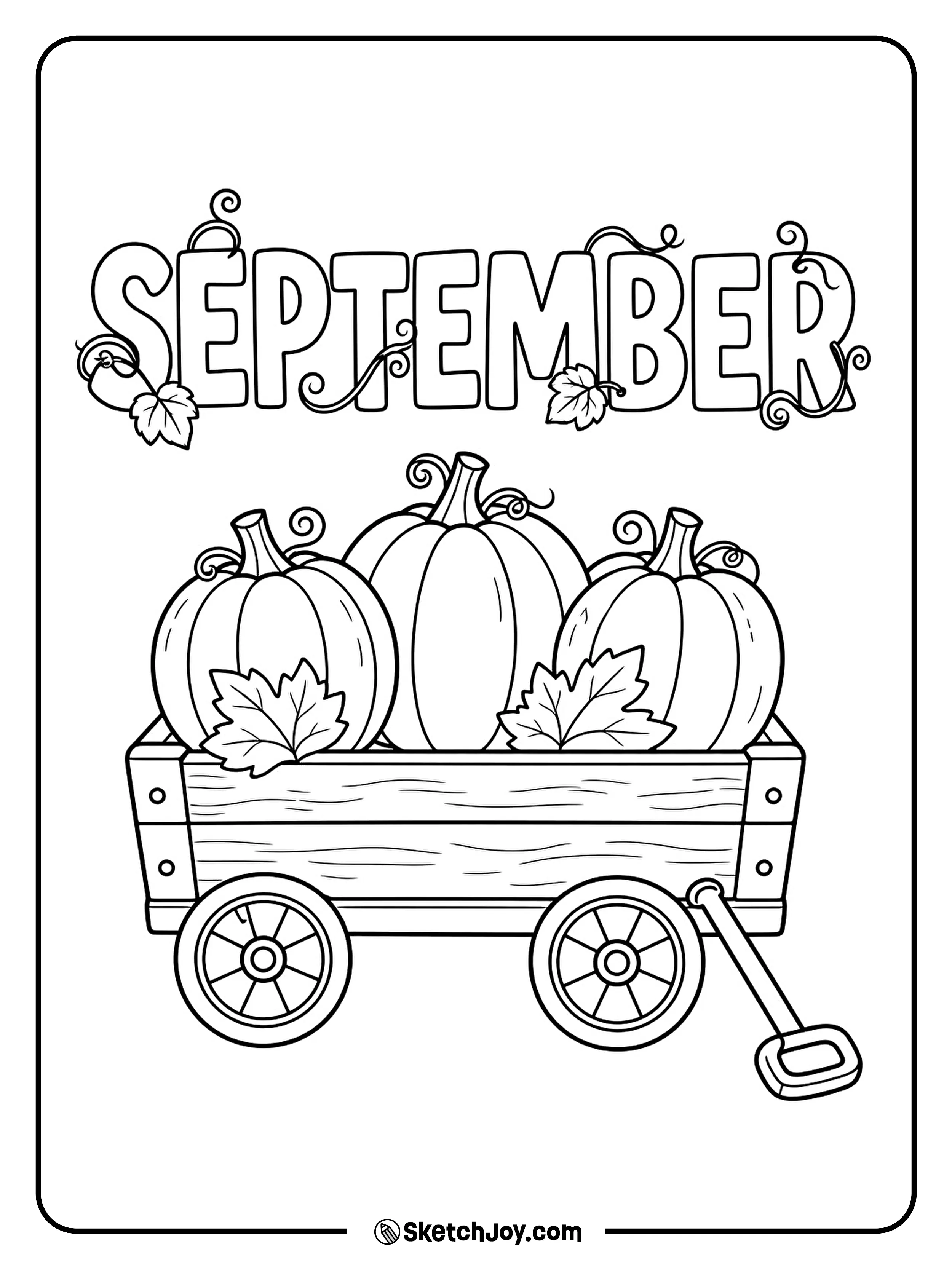 A tiny wagon carries three pumpkins beneath September lettering.