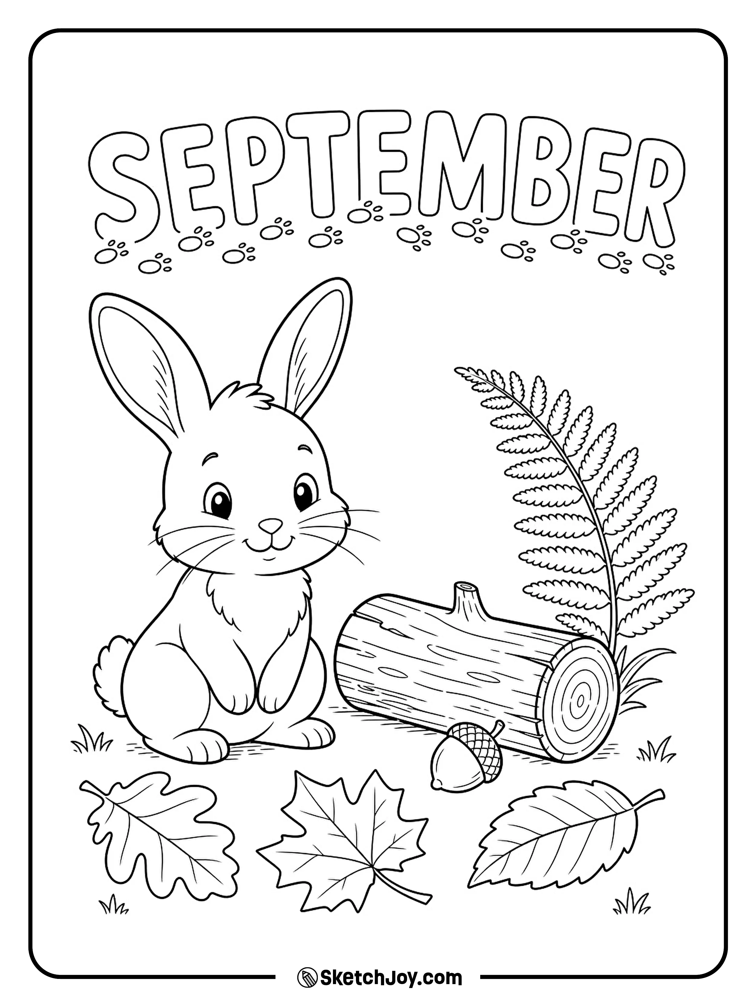 A sweet rabbit sits beside fallen leaves and a tiny acorn.