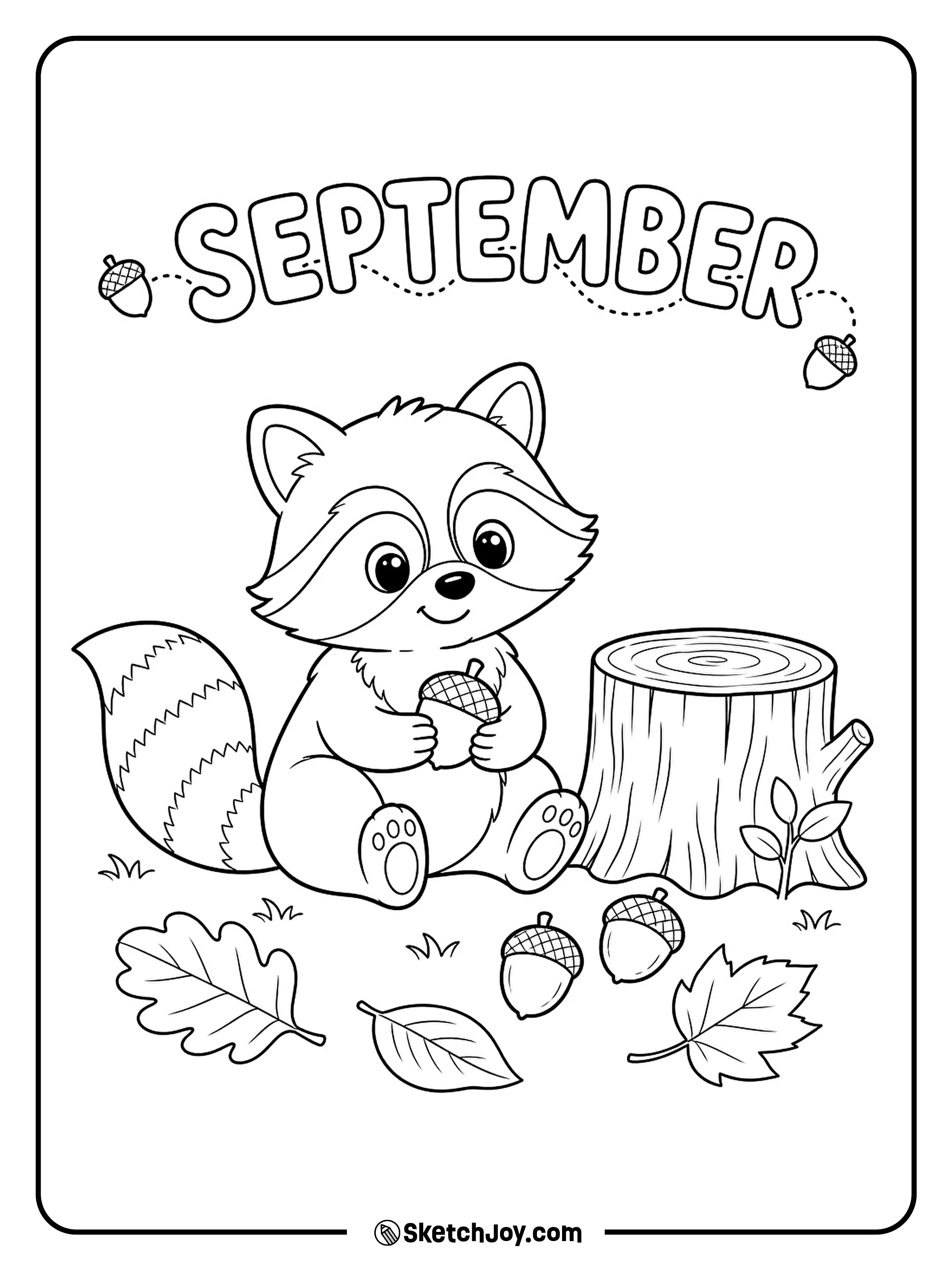 A curious raccoon holds an acorn near a quiet woodland stump.