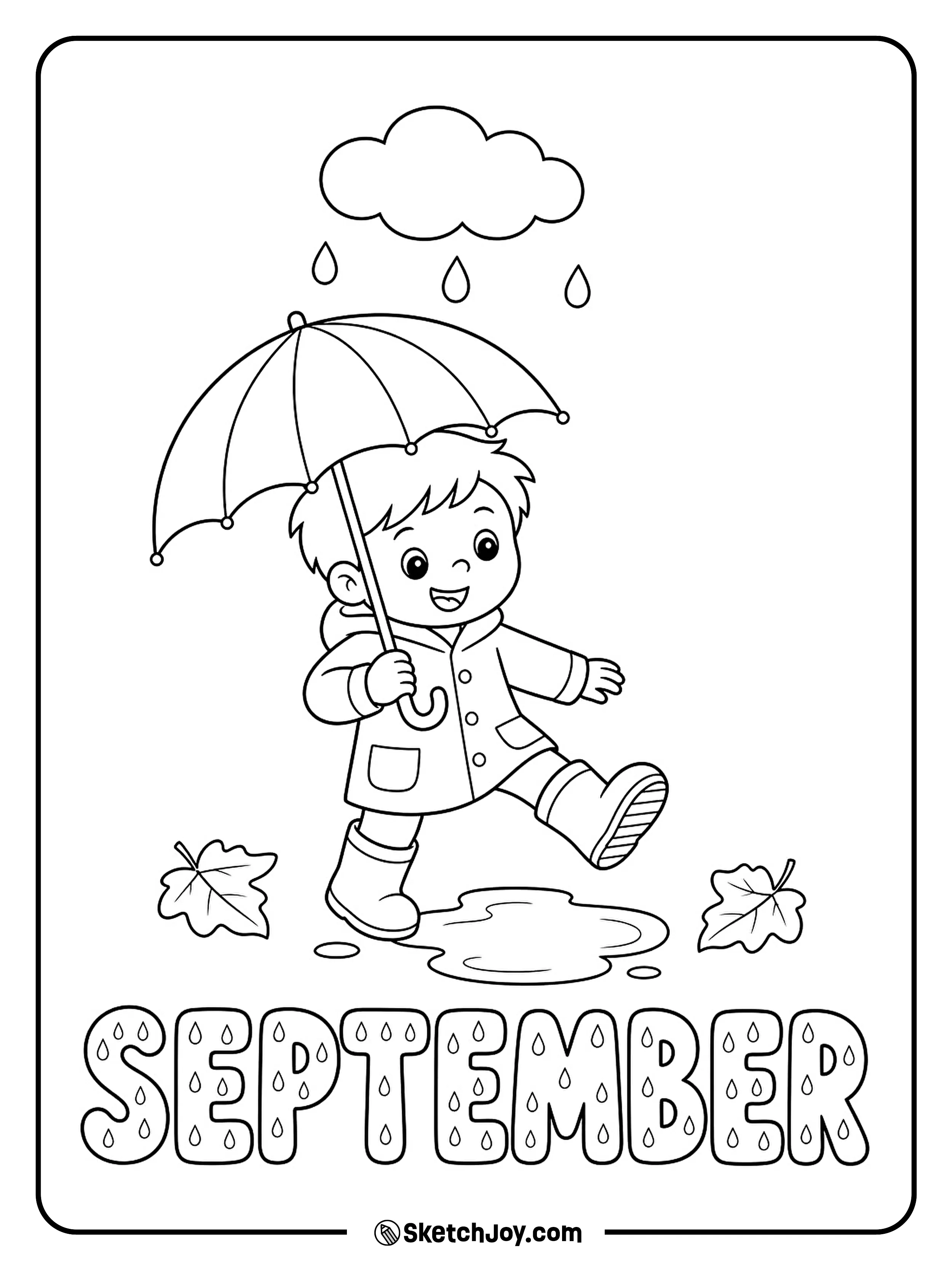 A child walks through a light September rain with boots and an umbrella.