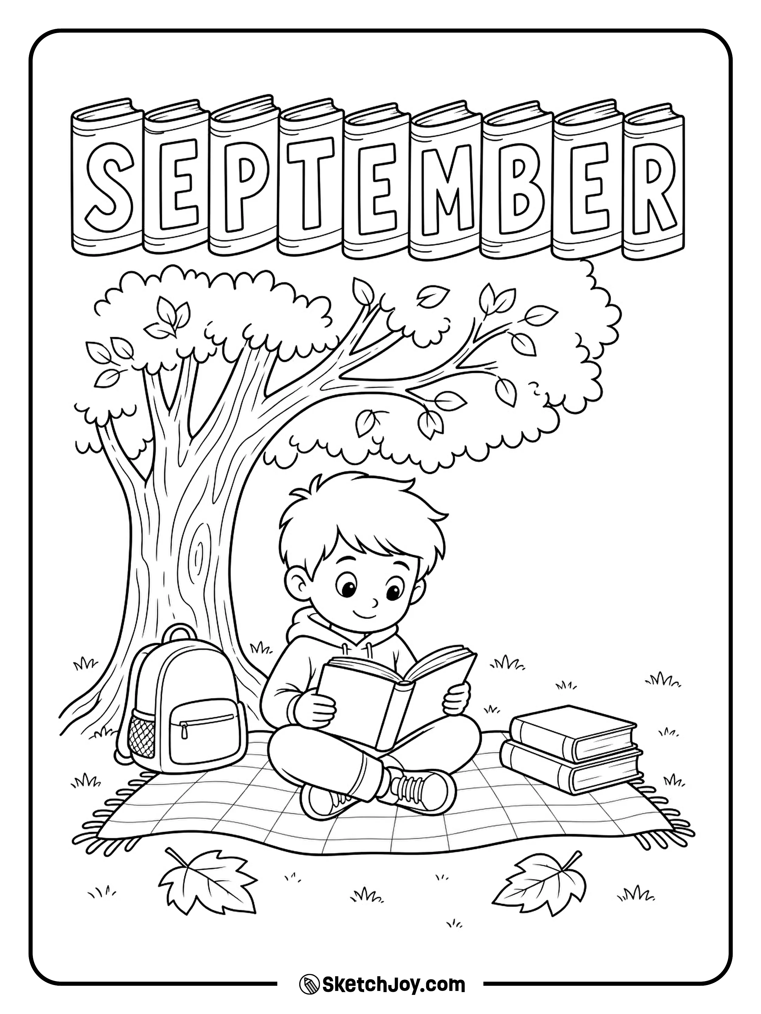 A child reads a book under a tree as a few leaves fall nearby.