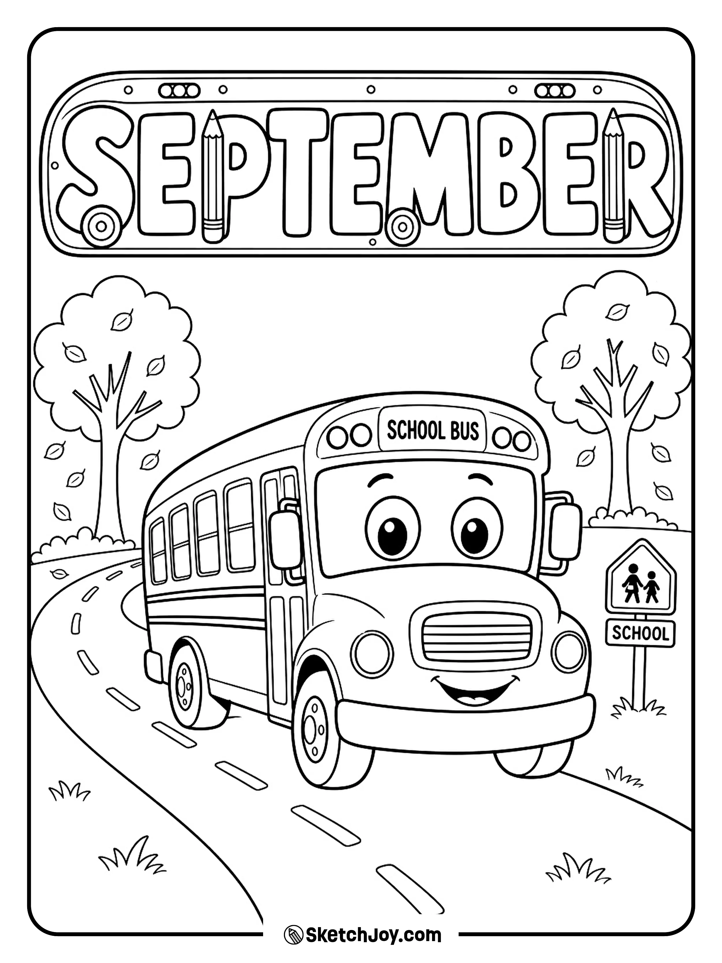 A cheerful school bus rolls past a few early fall trees on a September morning.