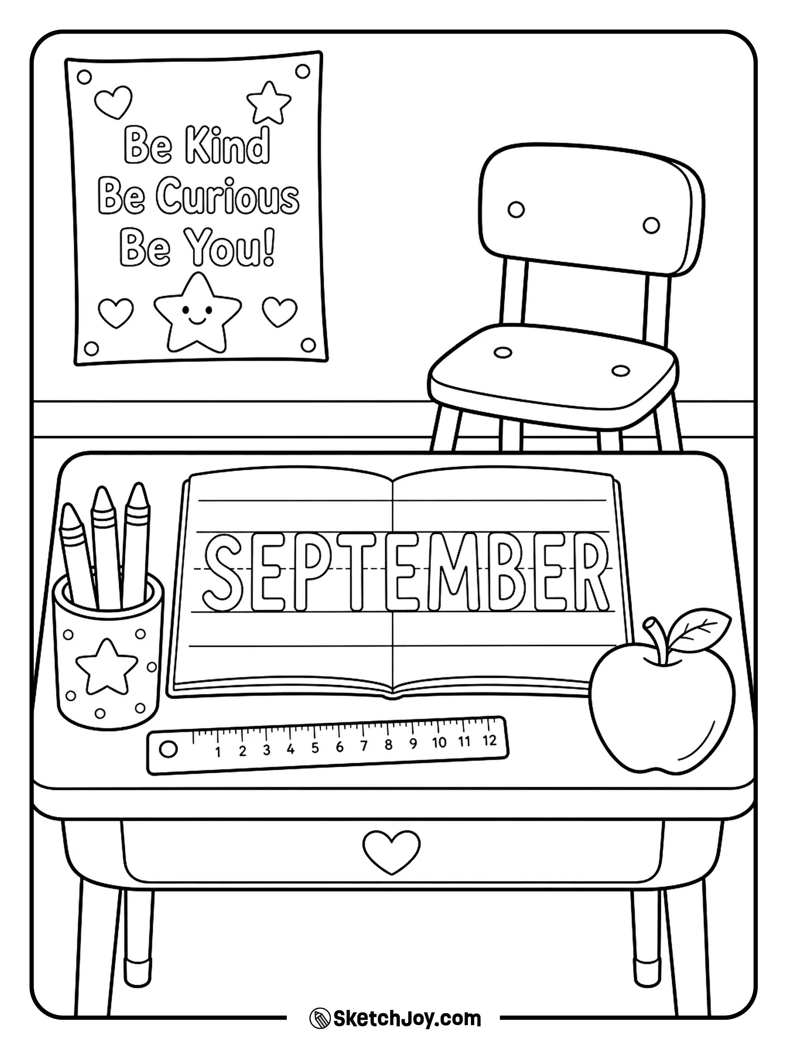 A tidy school desk holds books, crayons, and an apple for the new month.