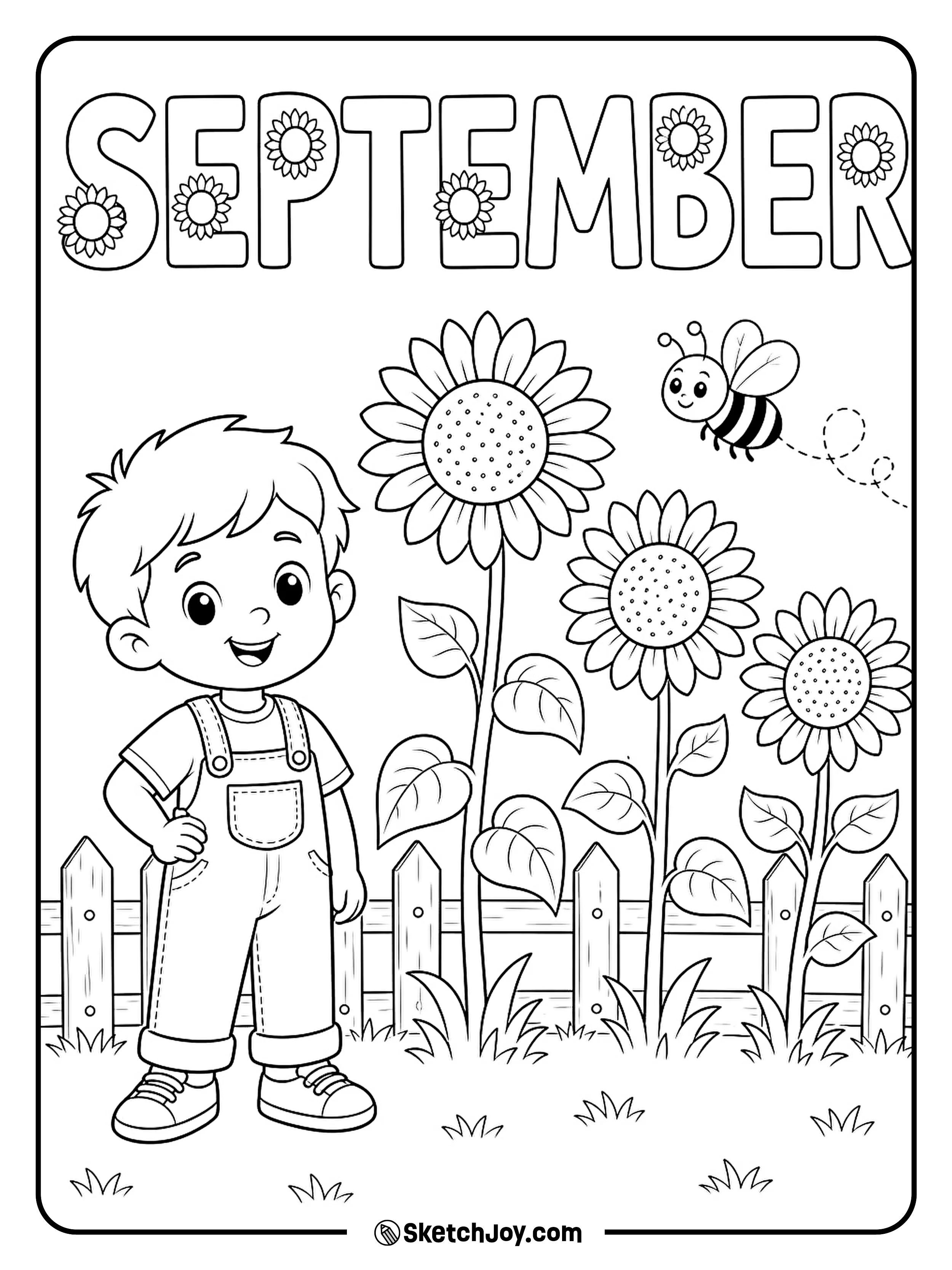A child looks at tall sunflowers while a bee flies past.