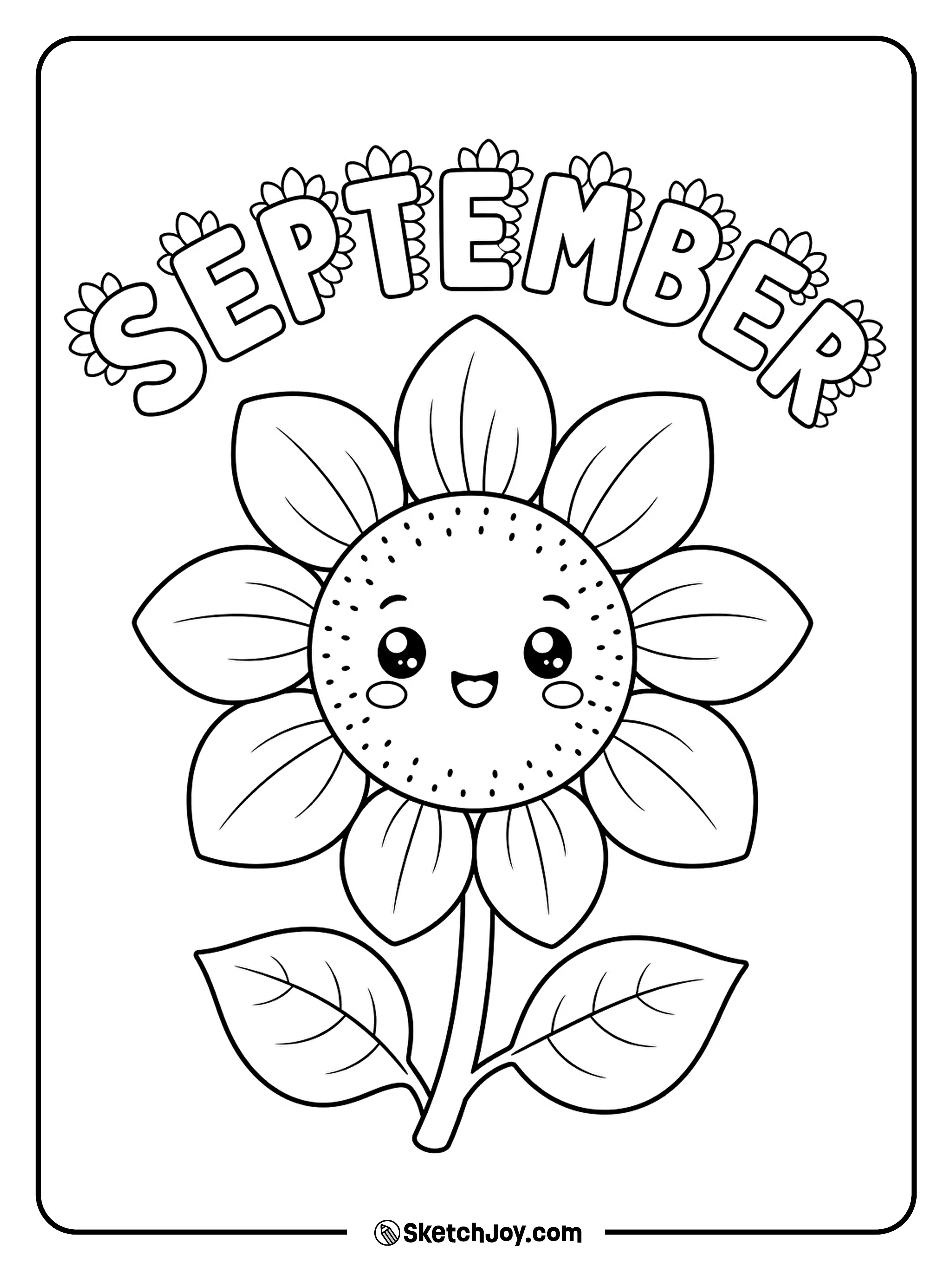 A happy sunflower stands beside bright and playful September lettering.