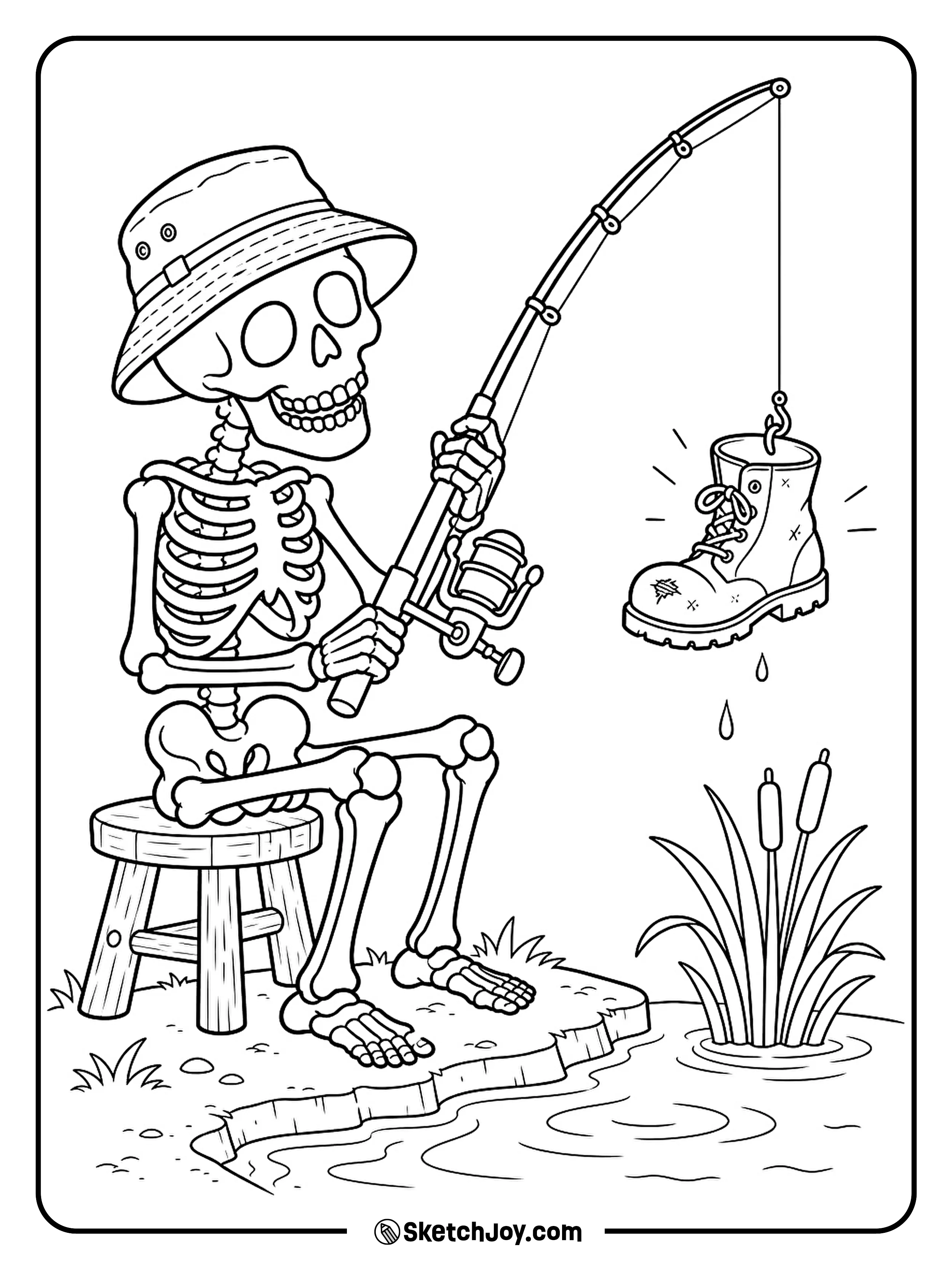 An old boot hangs from a skeleton's fishing line beside a quiet pond.
