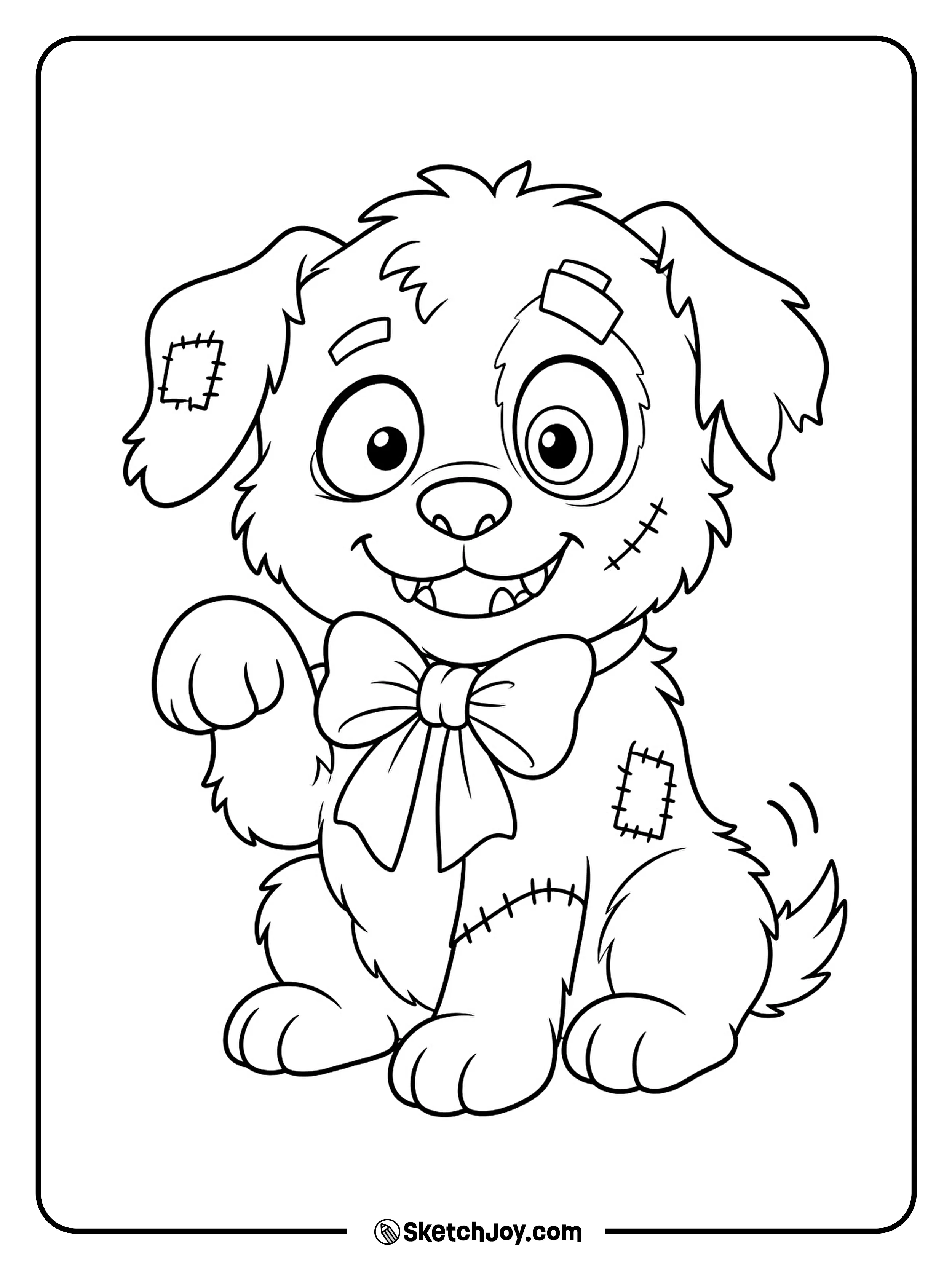 A zombie puppy lifts one paw while showing off a big bow around its neck.