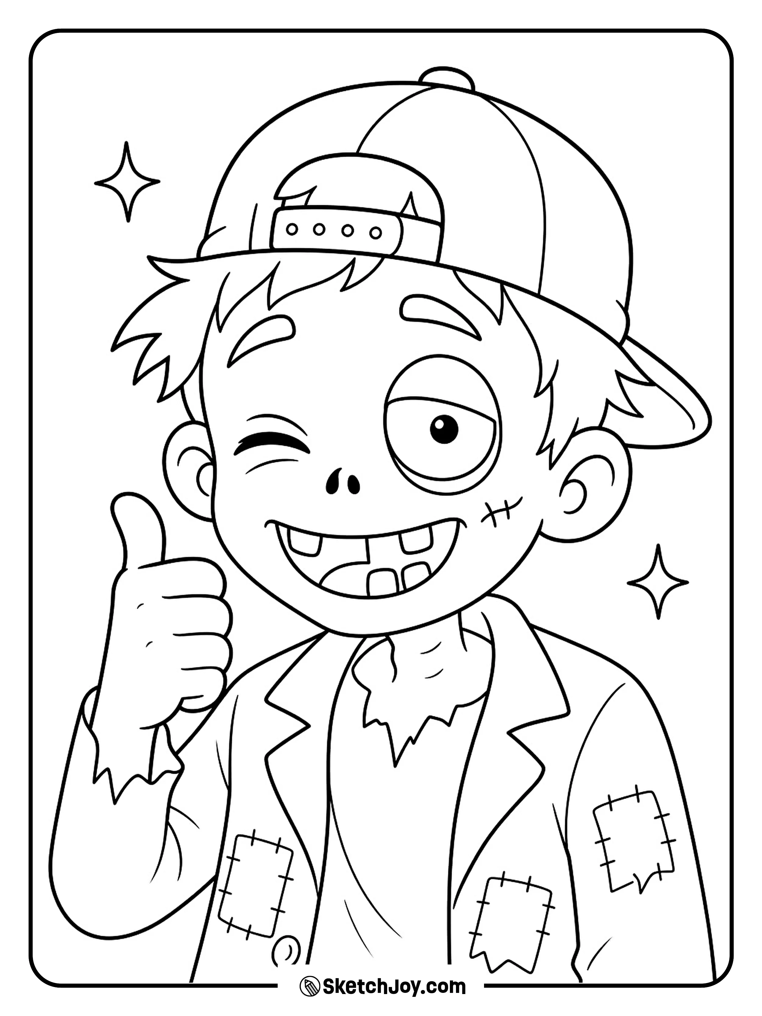 With a cap turned backward, a cheerful zombie winks and gives a thumbs-up.