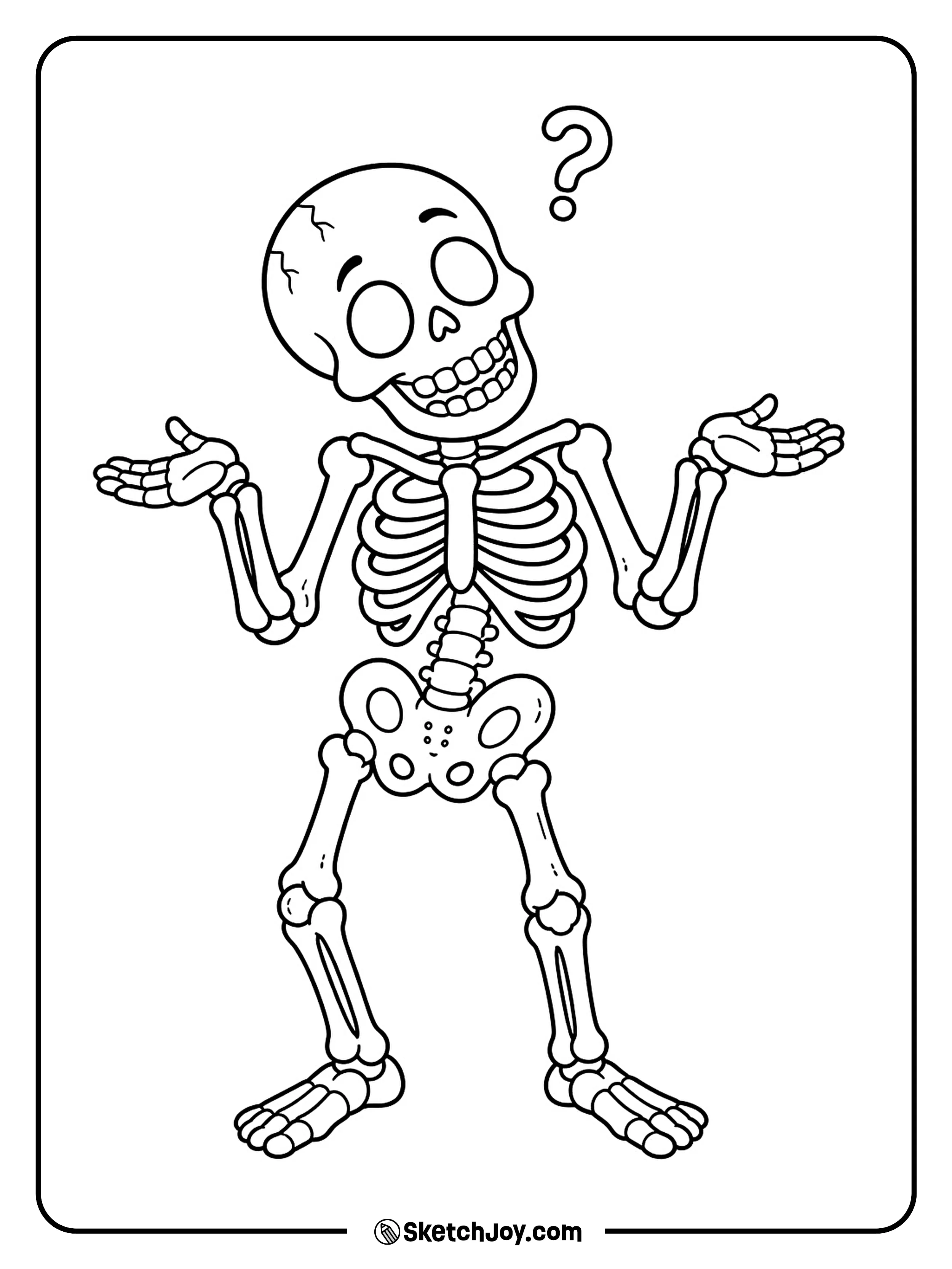 Both palms face the sky as a puzzled skeleton tilts its head.