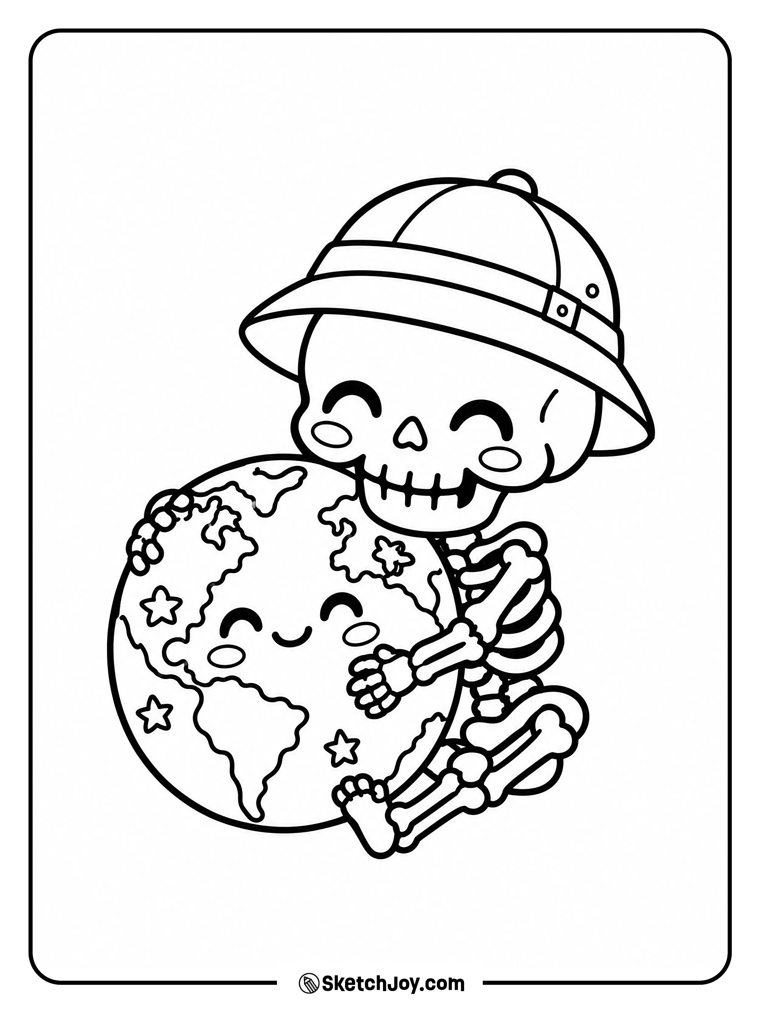 Wearing a safari hat, a little skeleton wraps its arms around a smiling Earth.