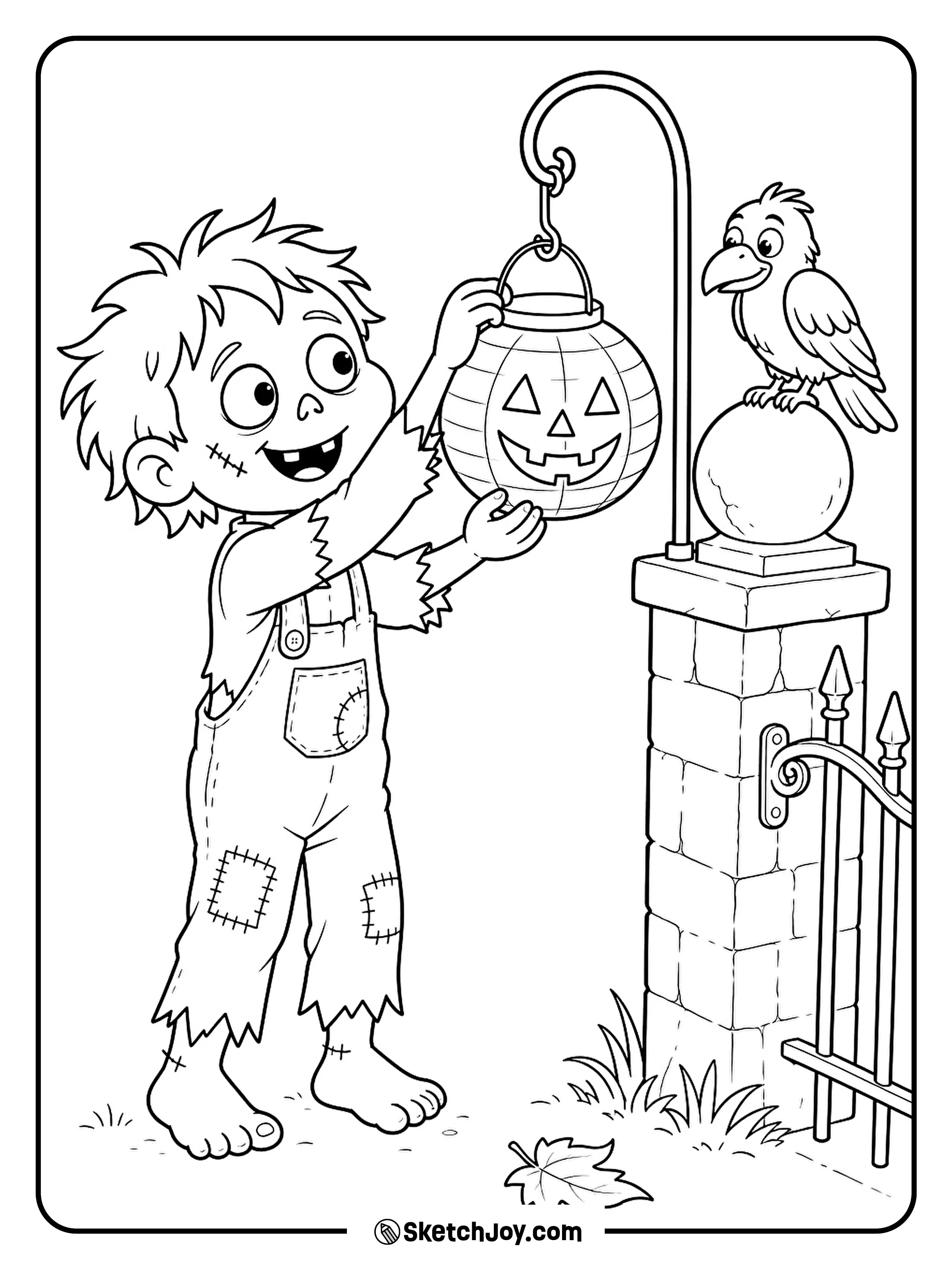 A zombie hangs a paper lantern near a crow resting on a gate post.