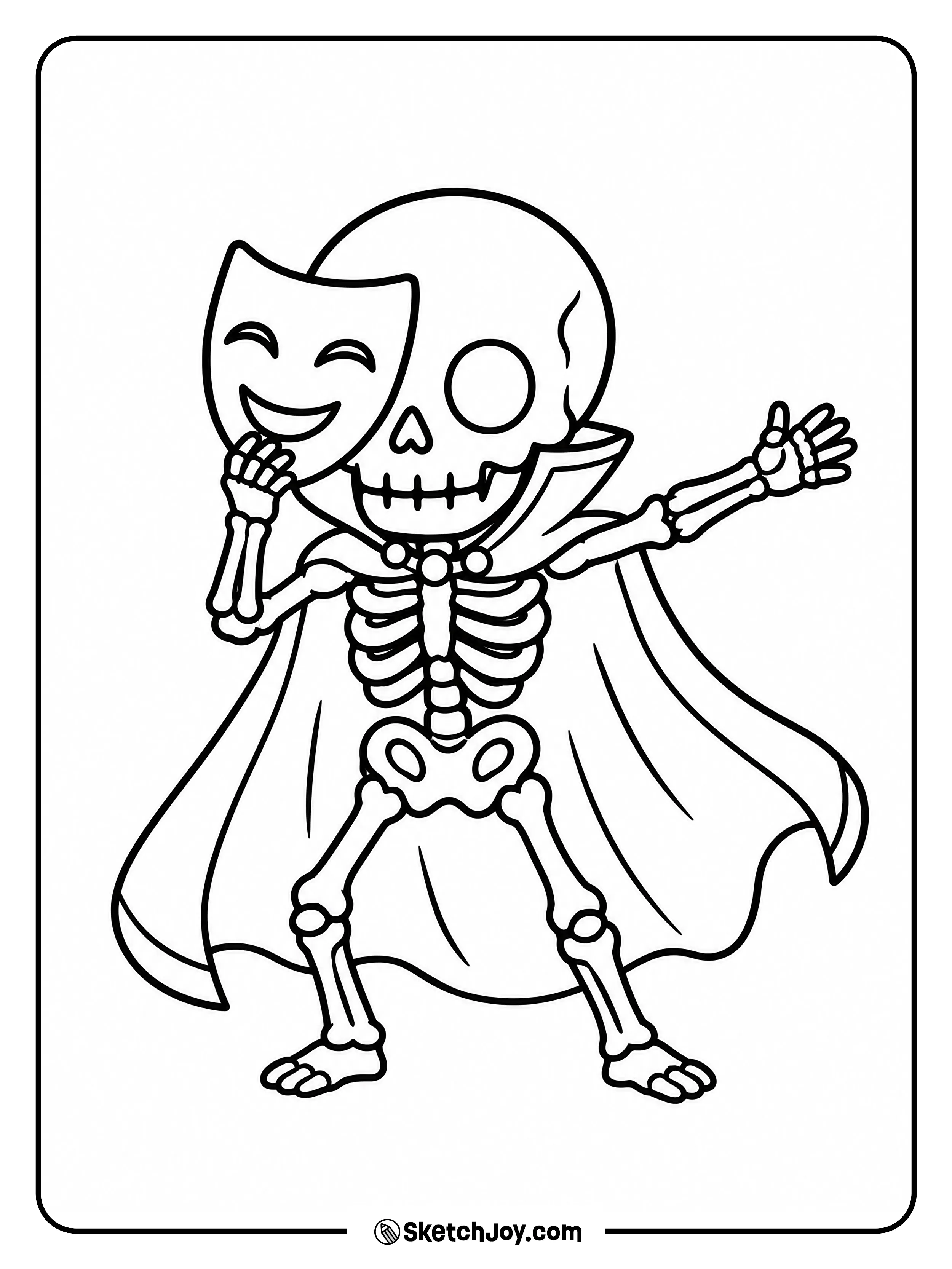 A caped skeleton stretches one arm out while holding a smiling mask beside its face.