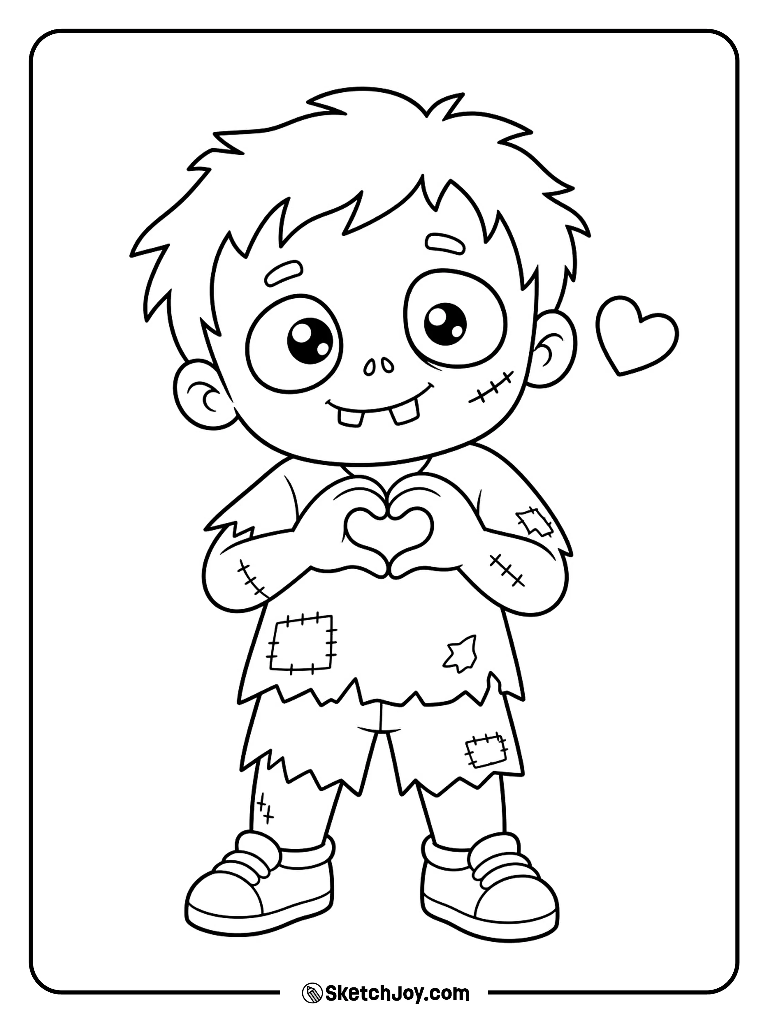Two little hands form a heart beneath a zombie's crooked smile.