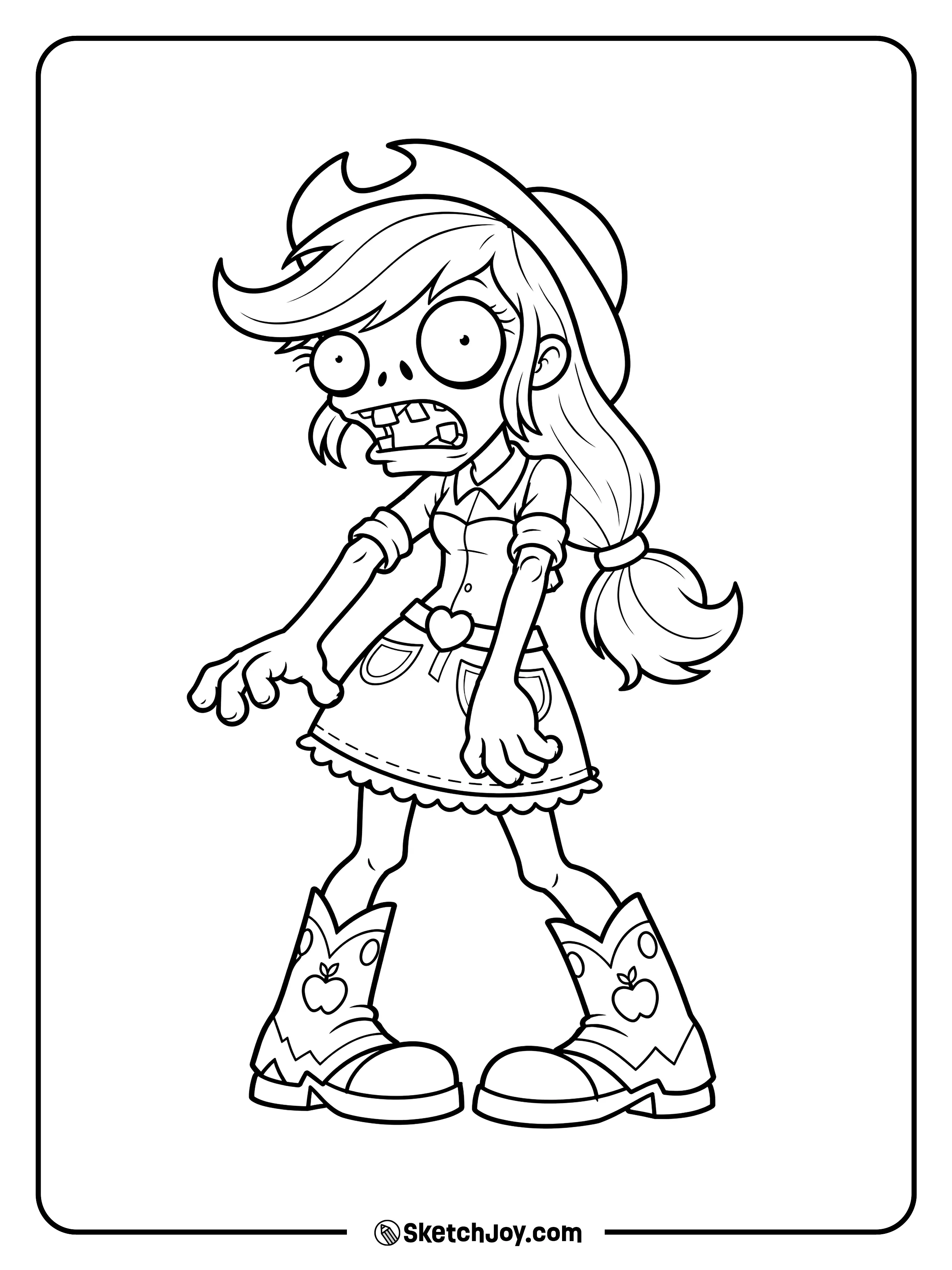 Applejack wears her cowboy hat, heart belt, and apple boots in a playful zombie pose.