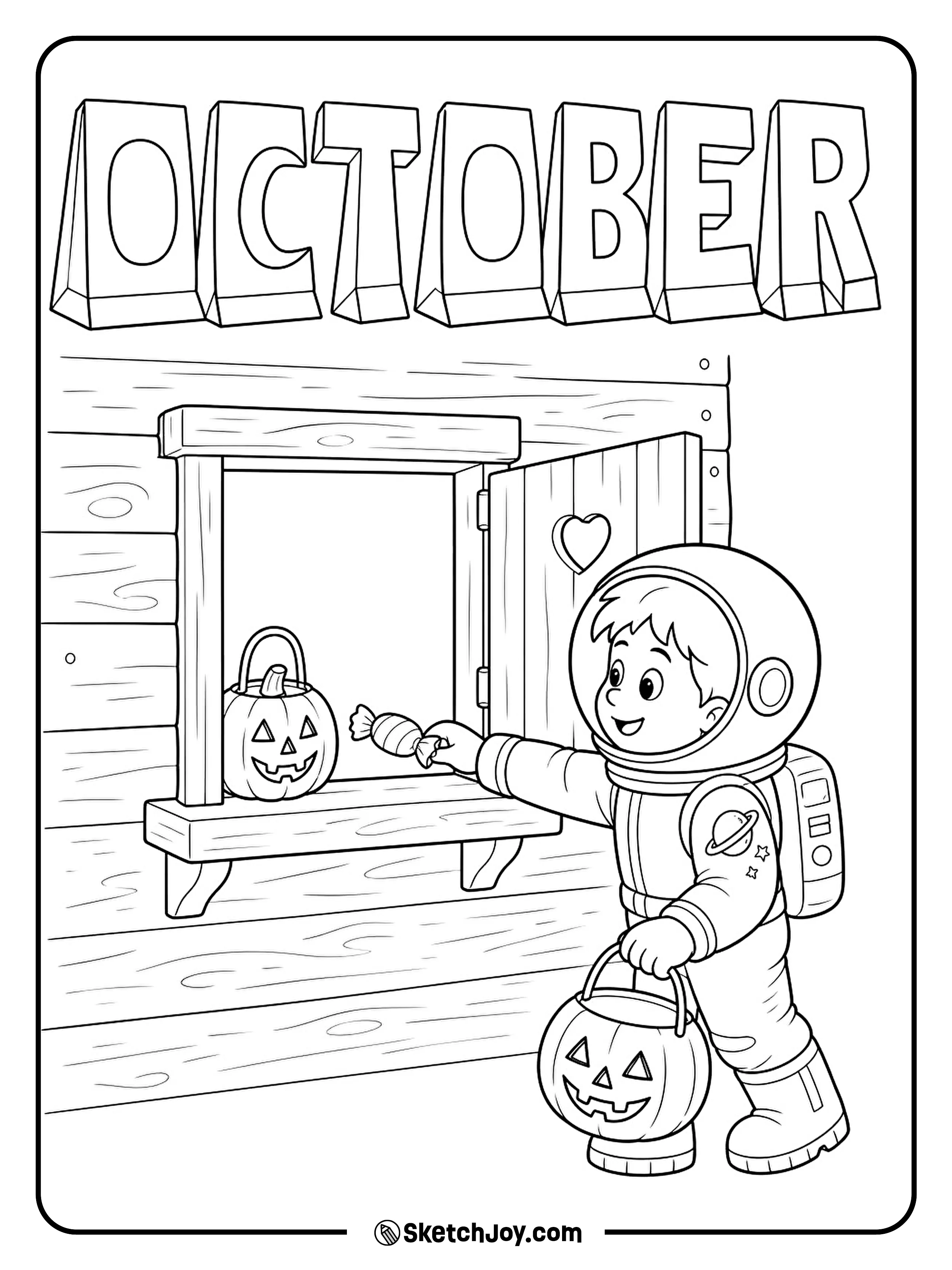 A child in an astronaut costume collects a treat from a small wooden playhouse hatch.