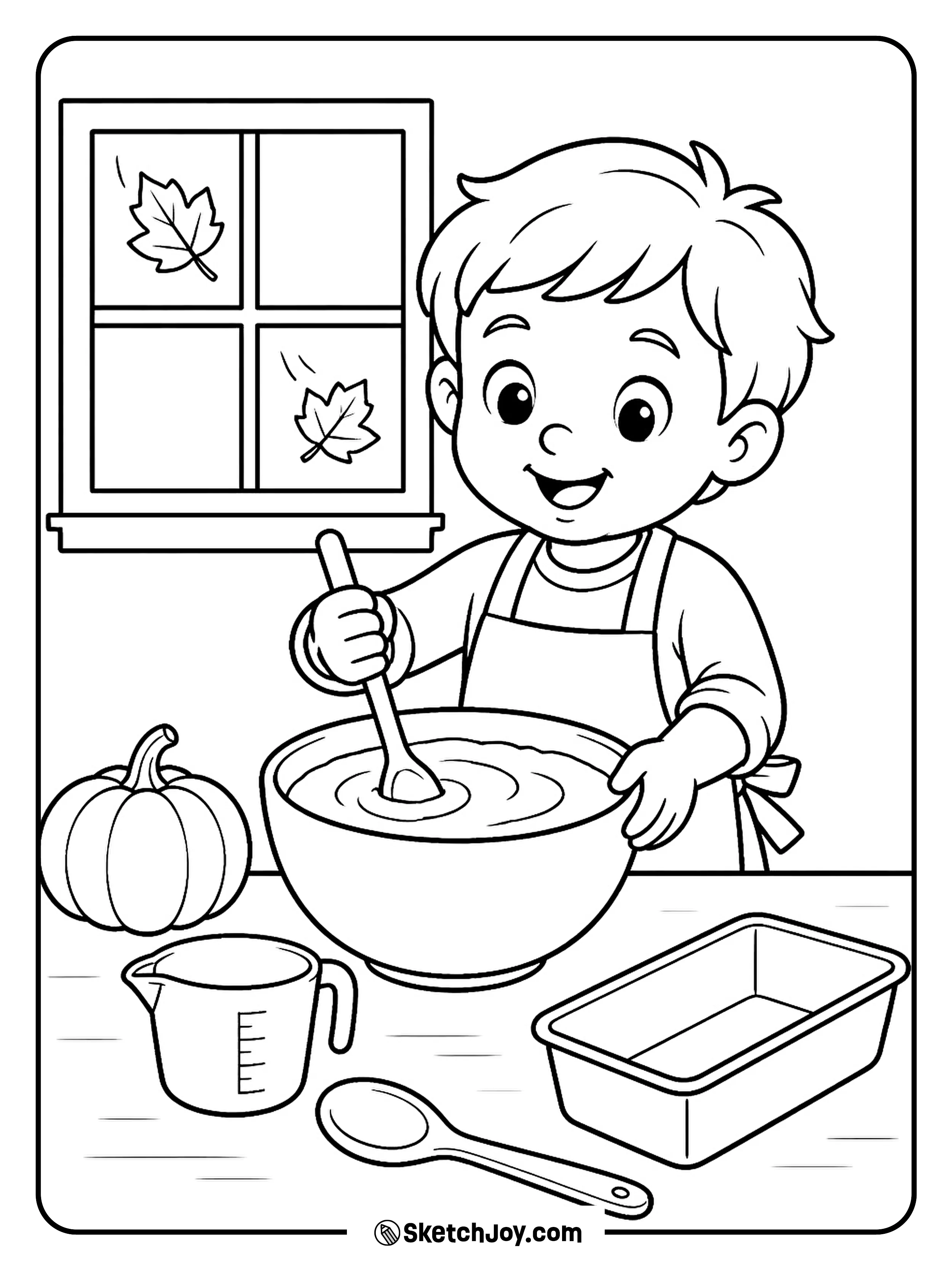 A child mixes pumpkin bread batter at a cozy kitchen counter.