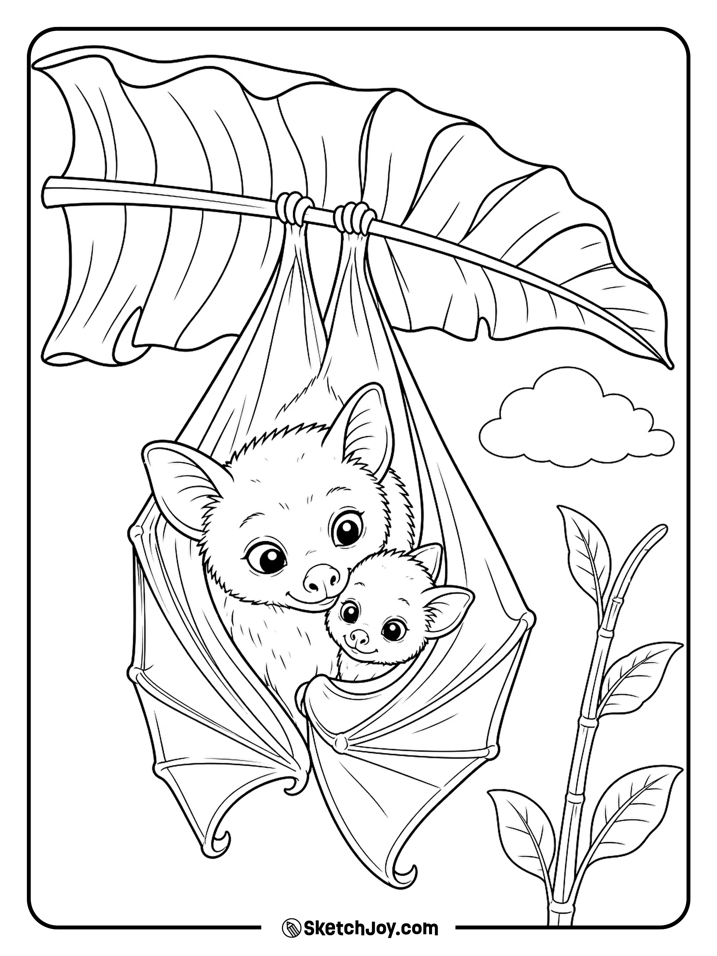 A parent bat curls a wing around its pup beneath a broad leaf.