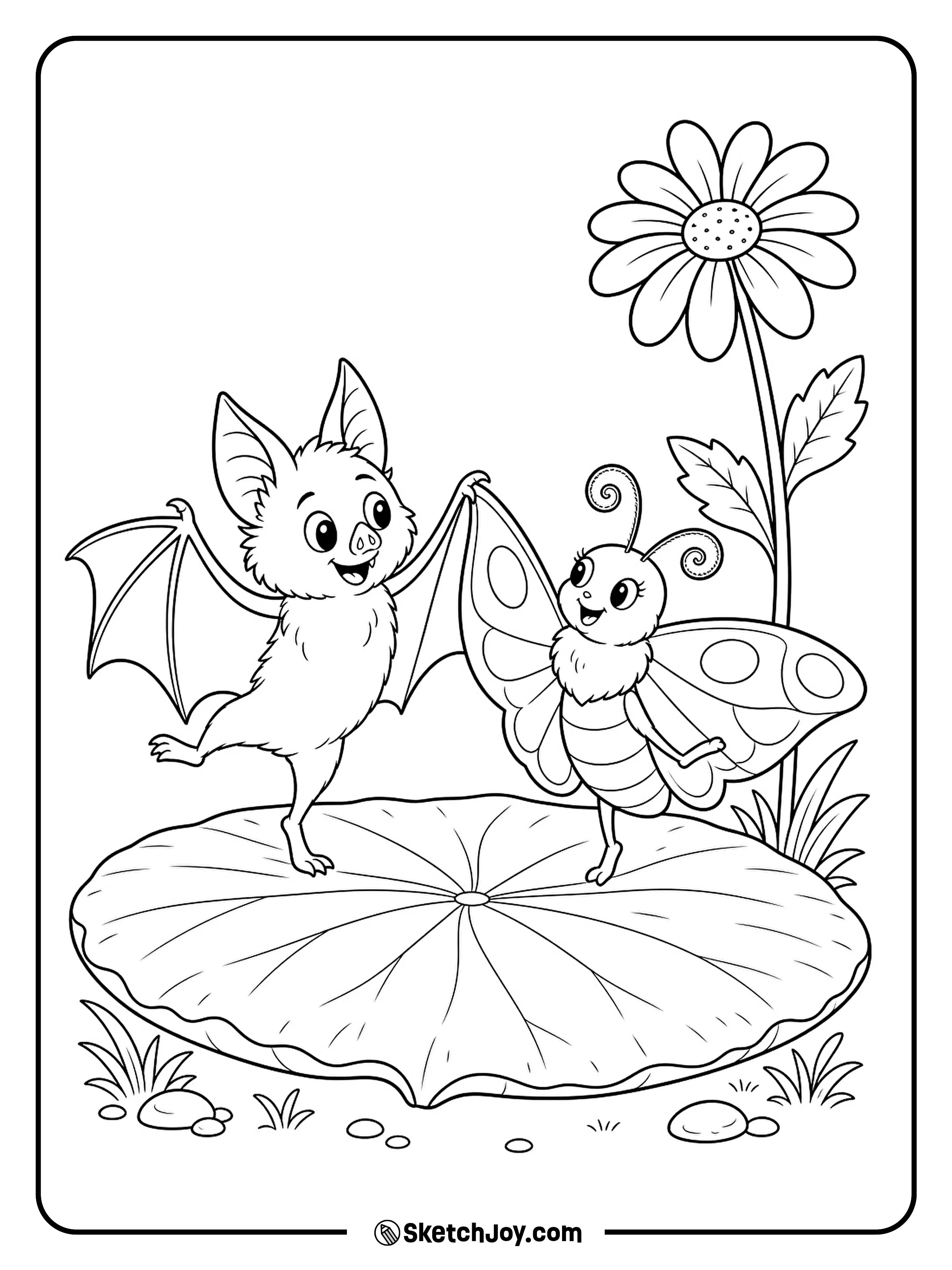 A bat and a moth turn together on a round leaf stage.