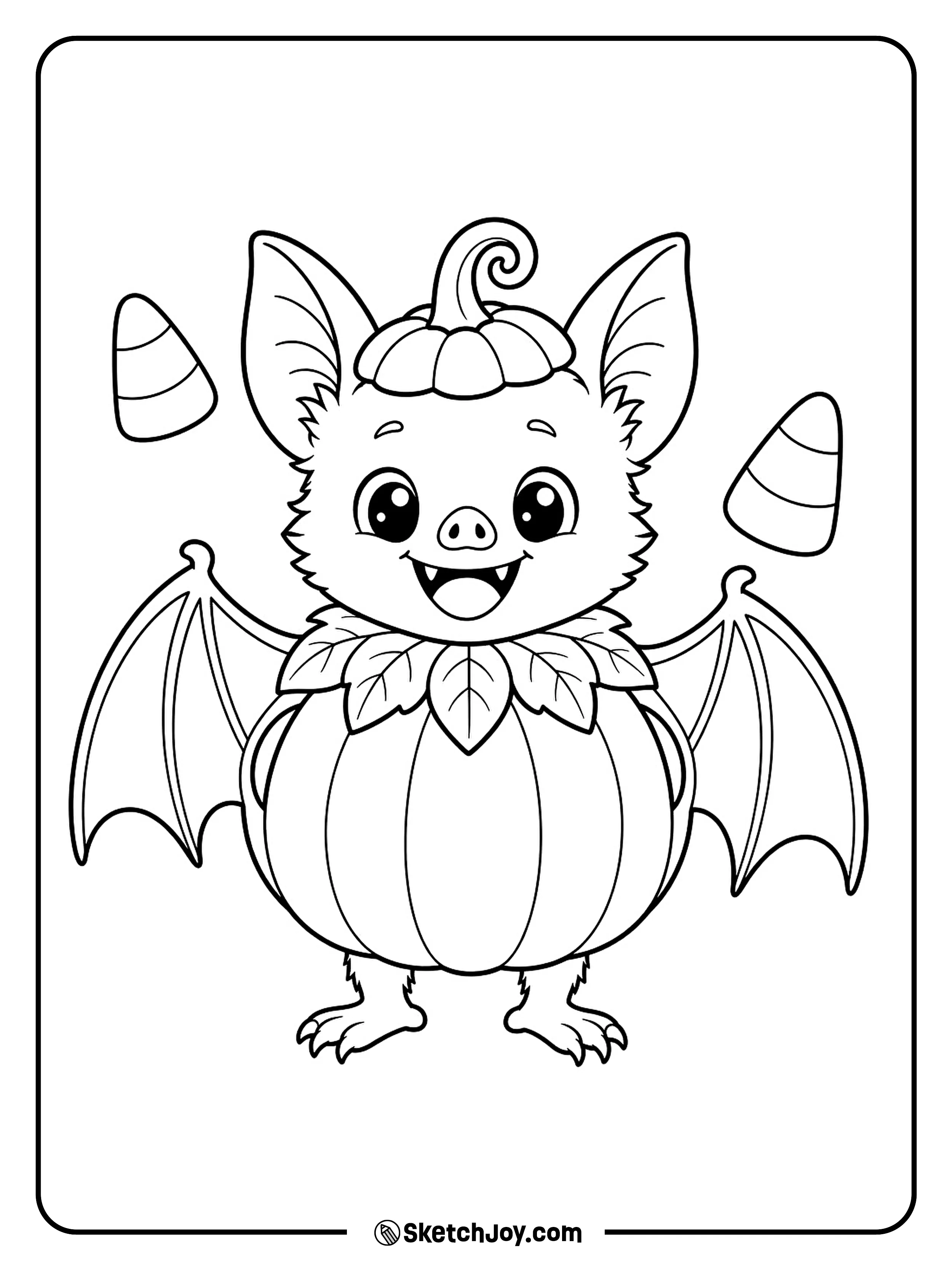 A tiny bat proudly wears a round pumpkin costume.