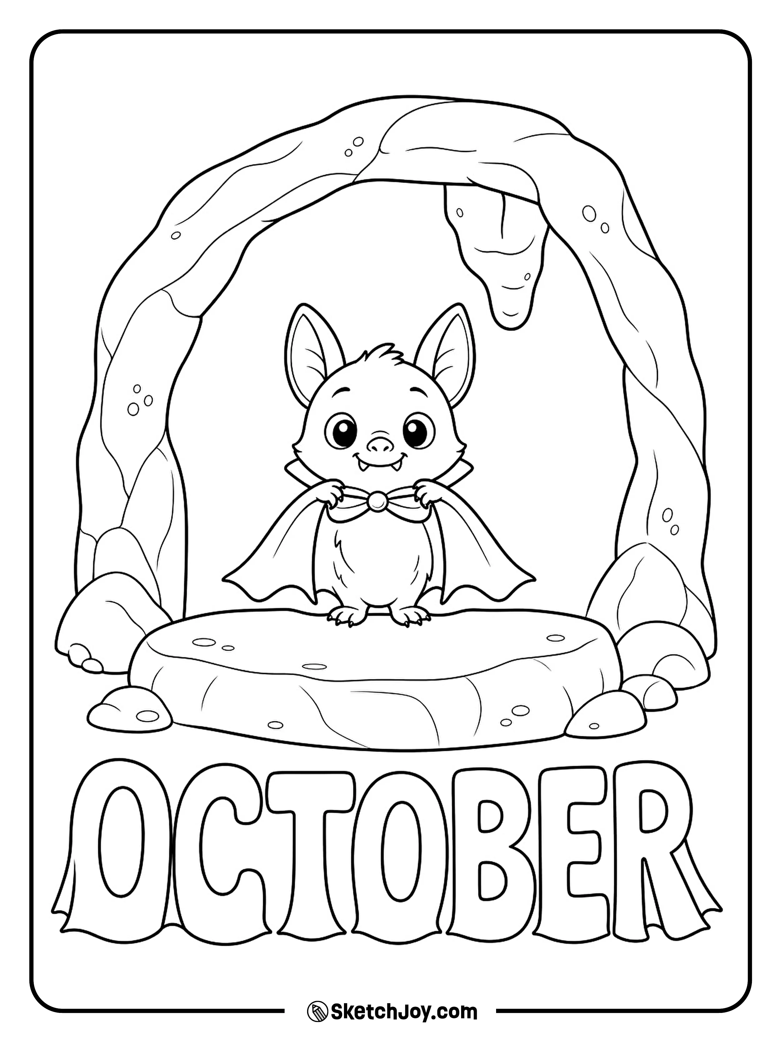 A little bat fastens a short Halloween cape while standing on a smooth cave ledge.