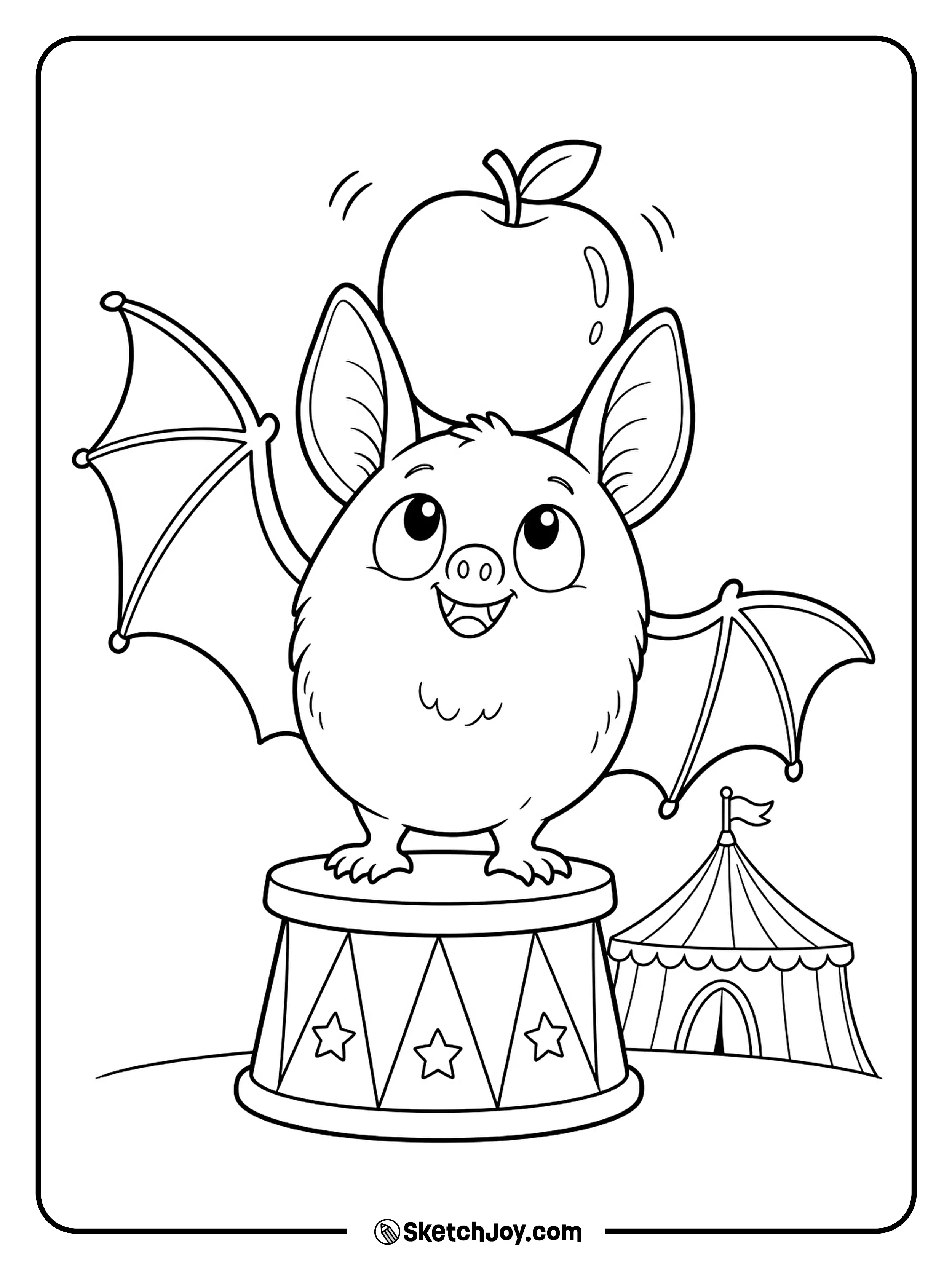 An apple wobbles on a bat's head as it spreads its wings for balance.