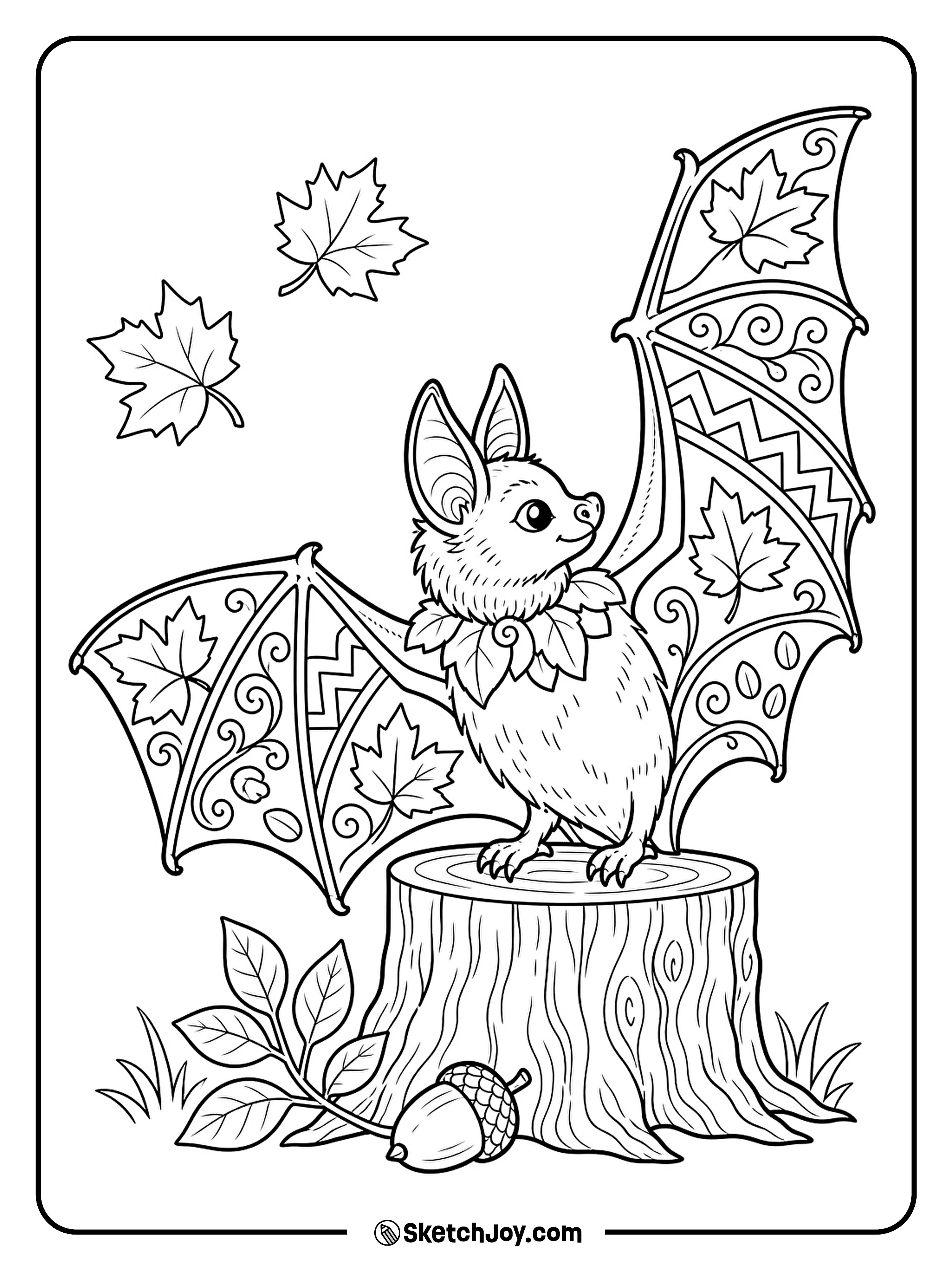 A bat spreads wings filled with leaf shapes and curling fall vines.