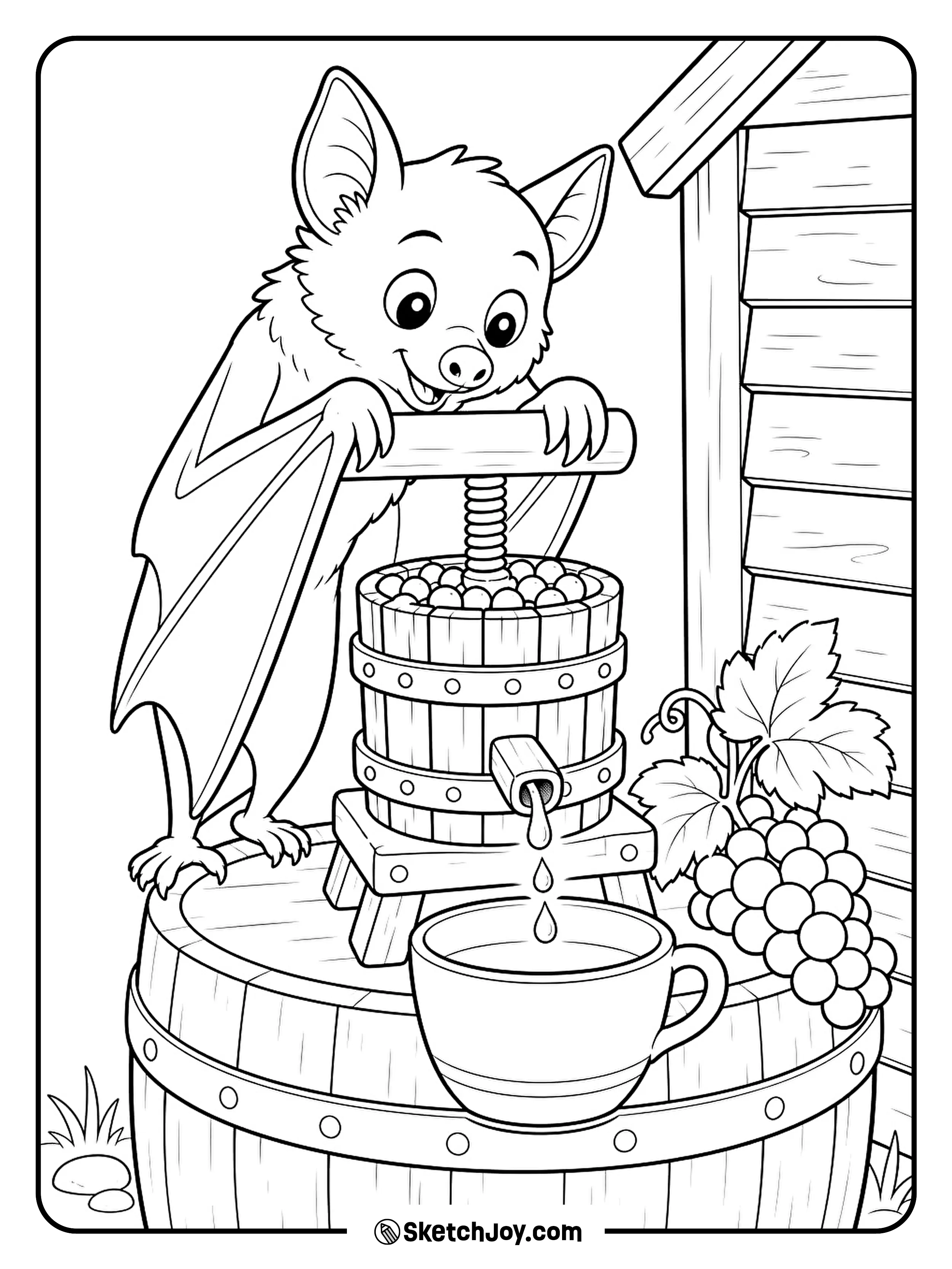 A bat pushes a wooden lever to squeeze berry juice into a cup.