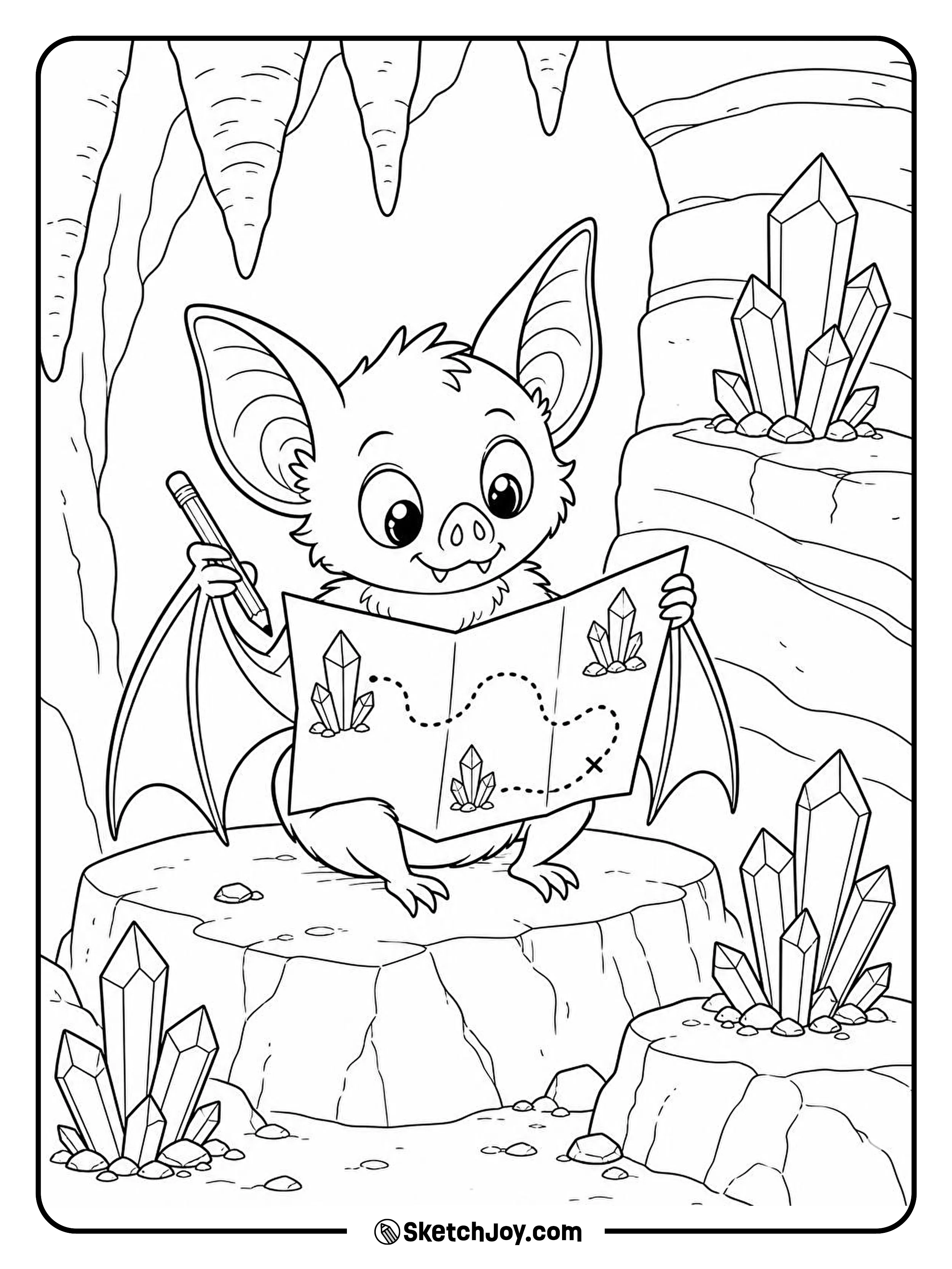 A bat sketches a cave map beside three groups of tall crystals.