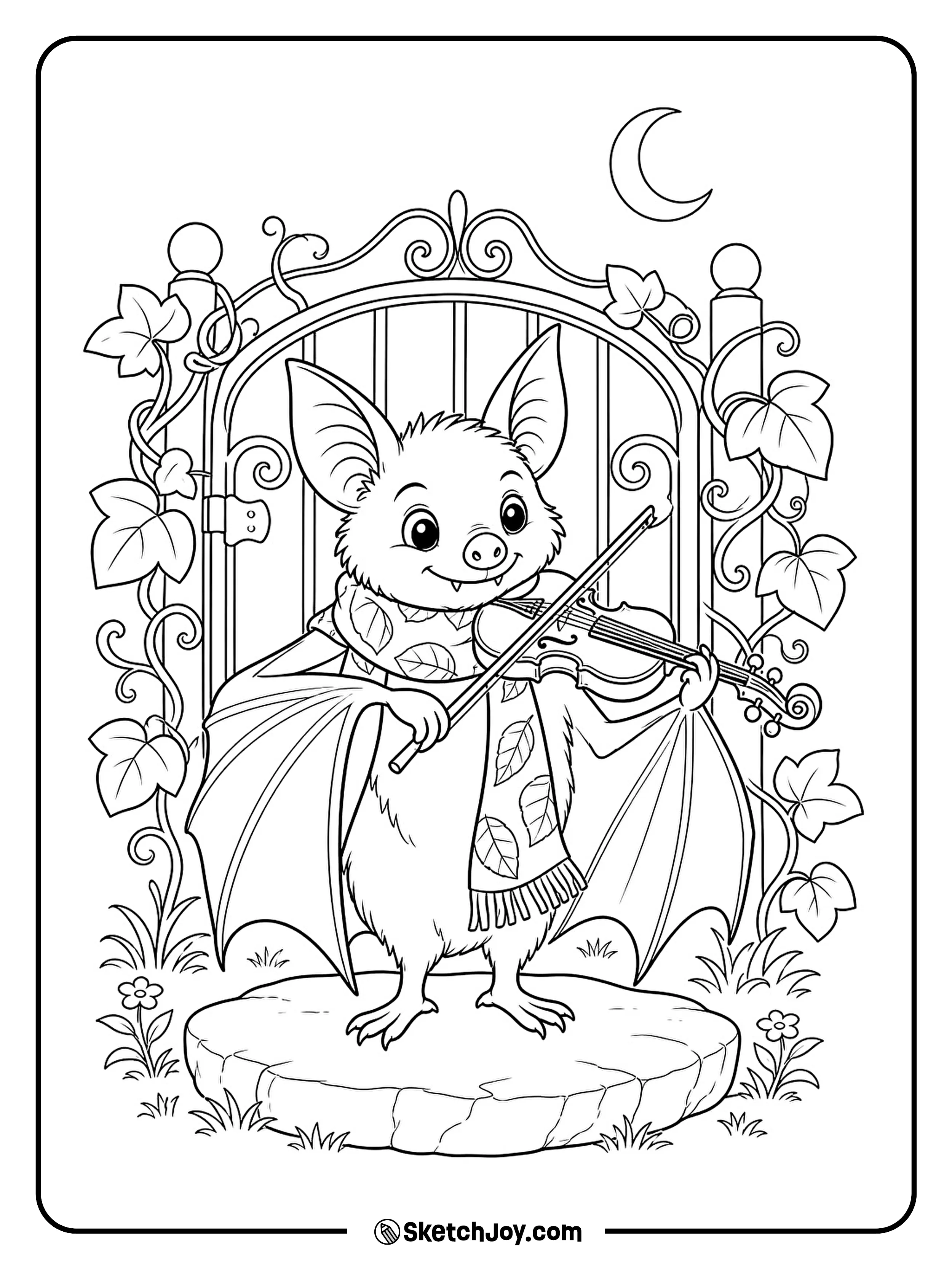 A bat plays a small violin beside a gate covered in curling leaf shapes.