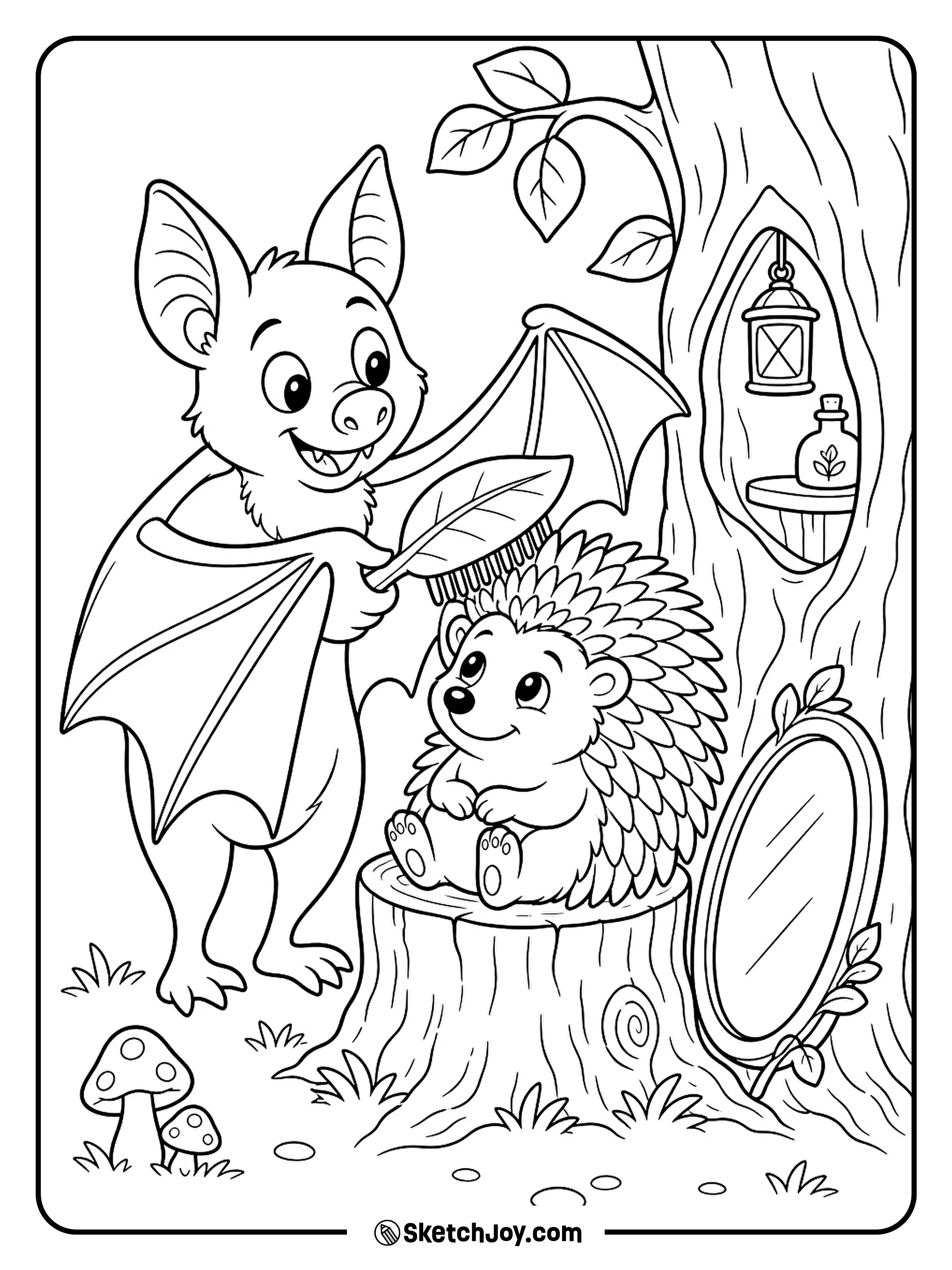 A careful bat uses a leaf comb to tidy a hedgehog's spiky hair.